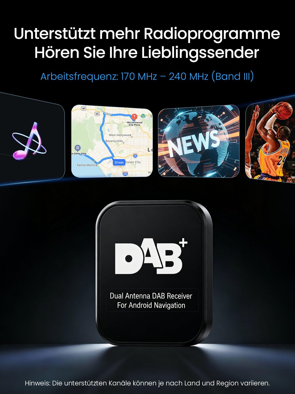 DAB+ Autoadapter mit Antenne für Autoradios mit Android 5.1+, Digitalradio-Antennen-Tuner mit FM-Übertragung, USB-Anschluss (nur für Länder mit DAB-Signal)