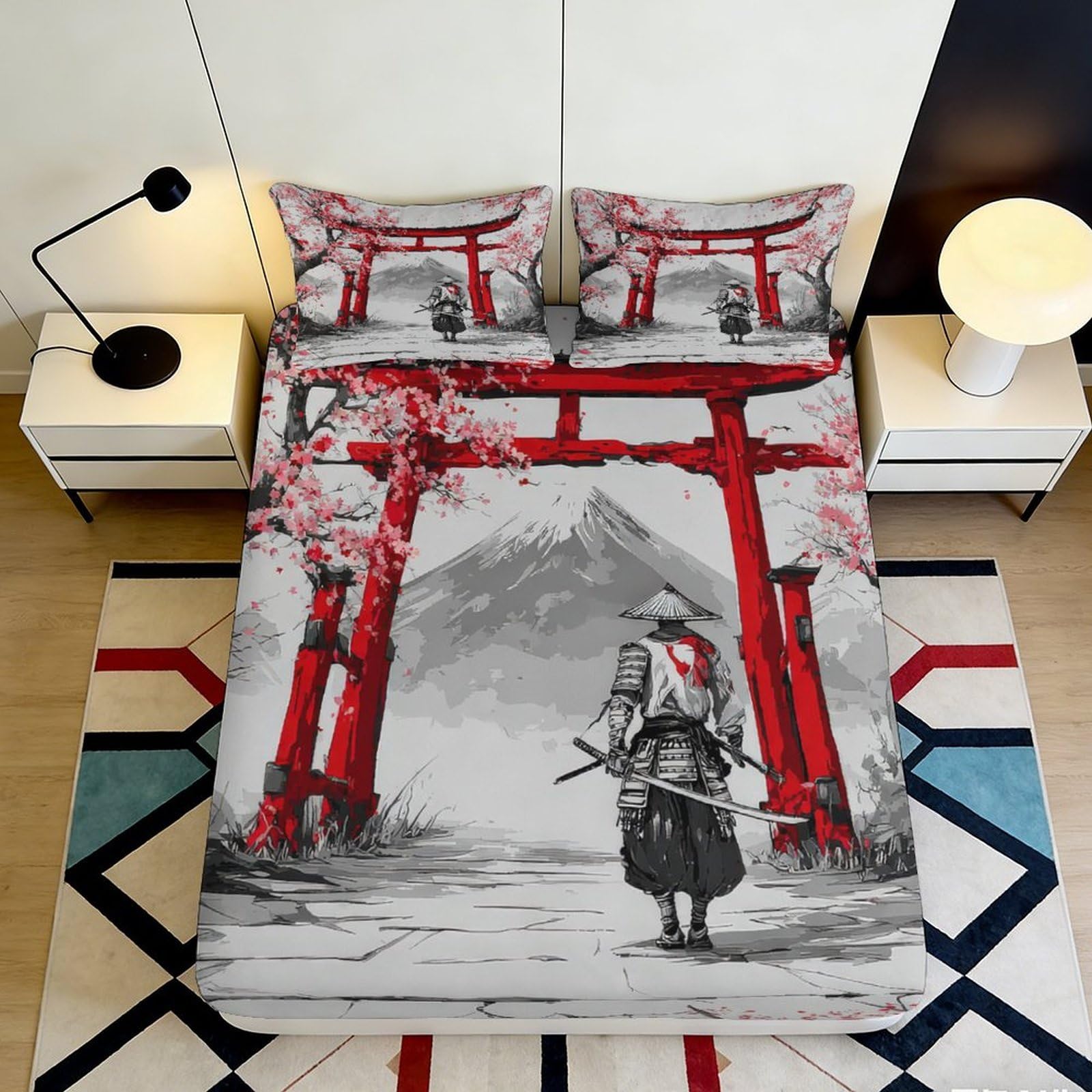 3D Printed Japanese Torii Fitted Sheet Microfiber Samurai Warrior Bed Cover Grey Red Artistic Decor for Bedroom Dorm 90x200x25cm