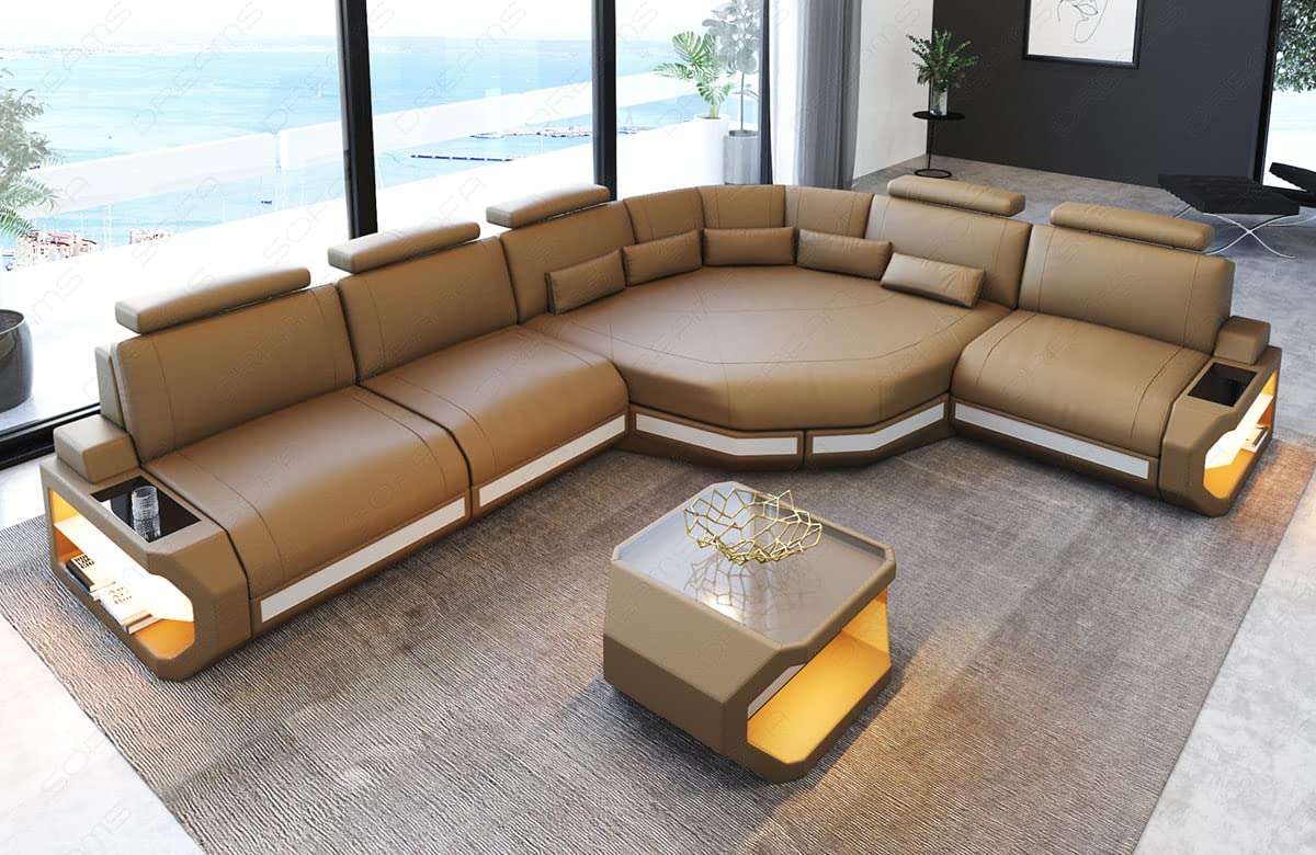 Sofa DreamsLeather corner Asti L shape - with LED lighting, adjustable headrests, relax corner/leather colors selectable/orientation selectable (corner right, beige-white)