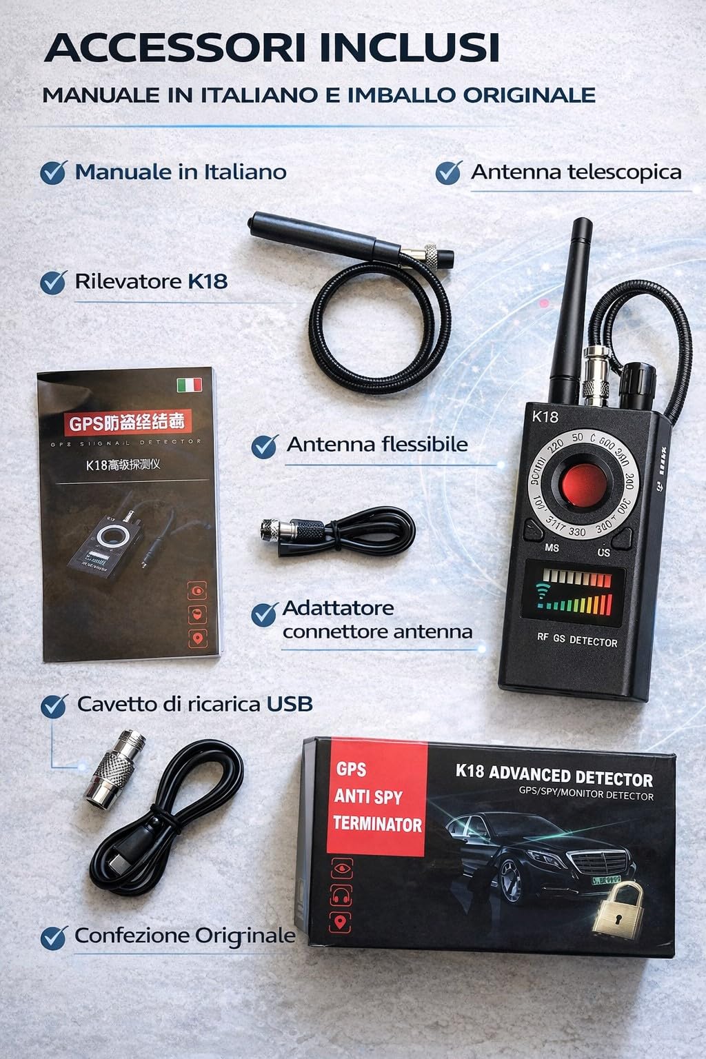Detector de microespías K18 Anti Spy Detector RF GPS Cámaras Ocultas 1MHz-8000MHz Sensibilidad Ajustable Batería Recargable Portátil - CW1023