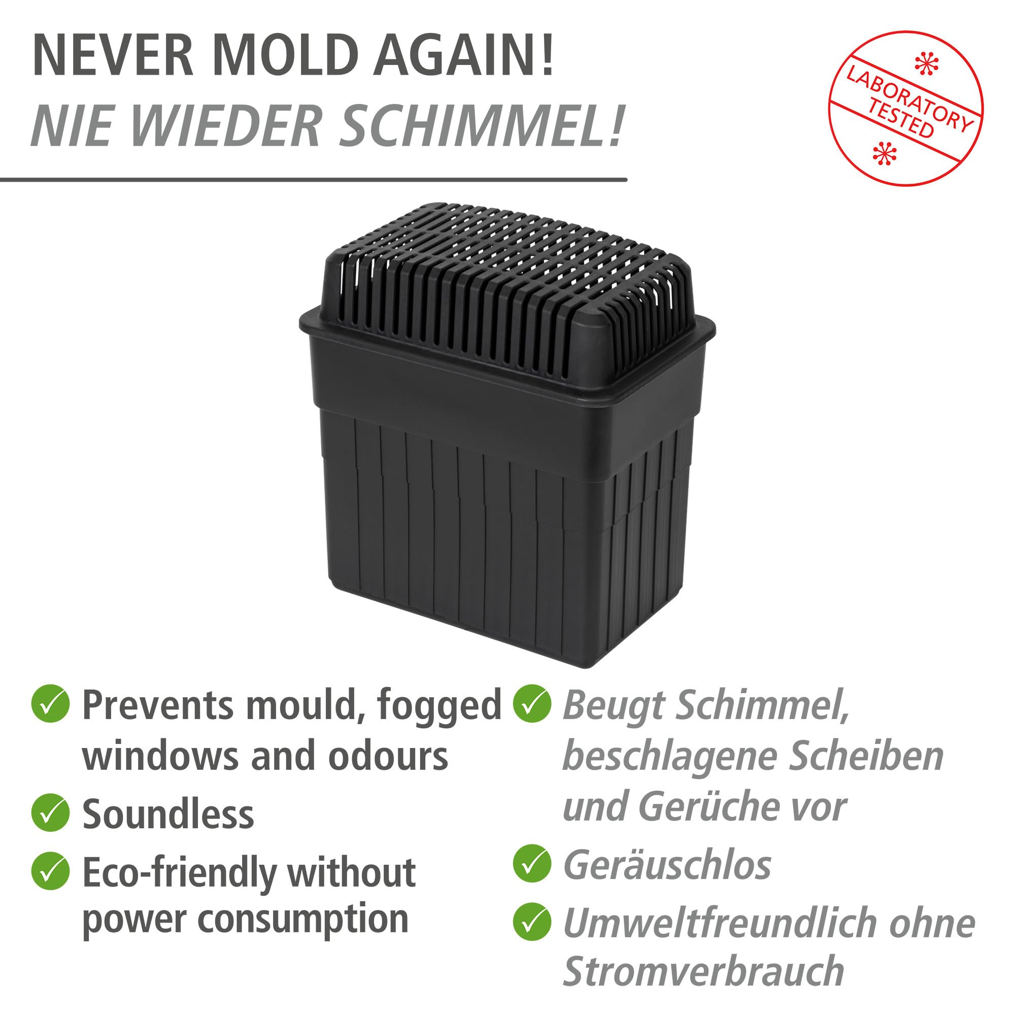 WENKO Feuchtigkeitskiller, Luftentfeuchter mit 2 kg Granulat-Block, ideal für Bad, Garage, Keller, nachfüllbar, 24 x 16 x 15 cm, Schwarz (Packung mit 2)
