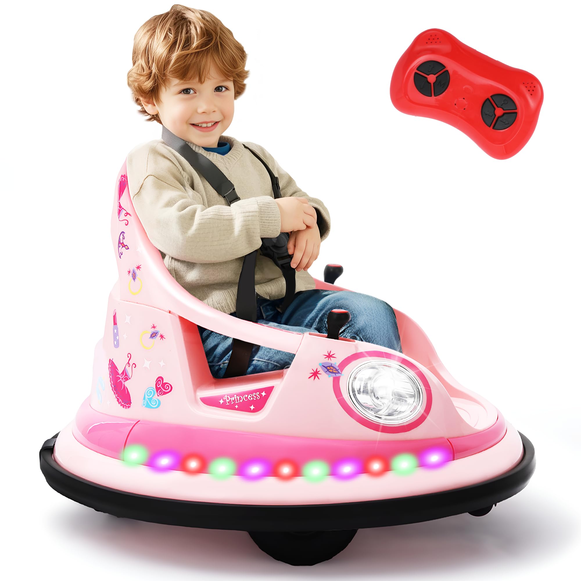 12V Kids Electric Bumper Car for Toddlers – Kiddokidz Ride-On Toy with Parent Remote, 360° Spin, Lights & Sounds, 2 PCS DIY Stickers, 2-Speed, Pink