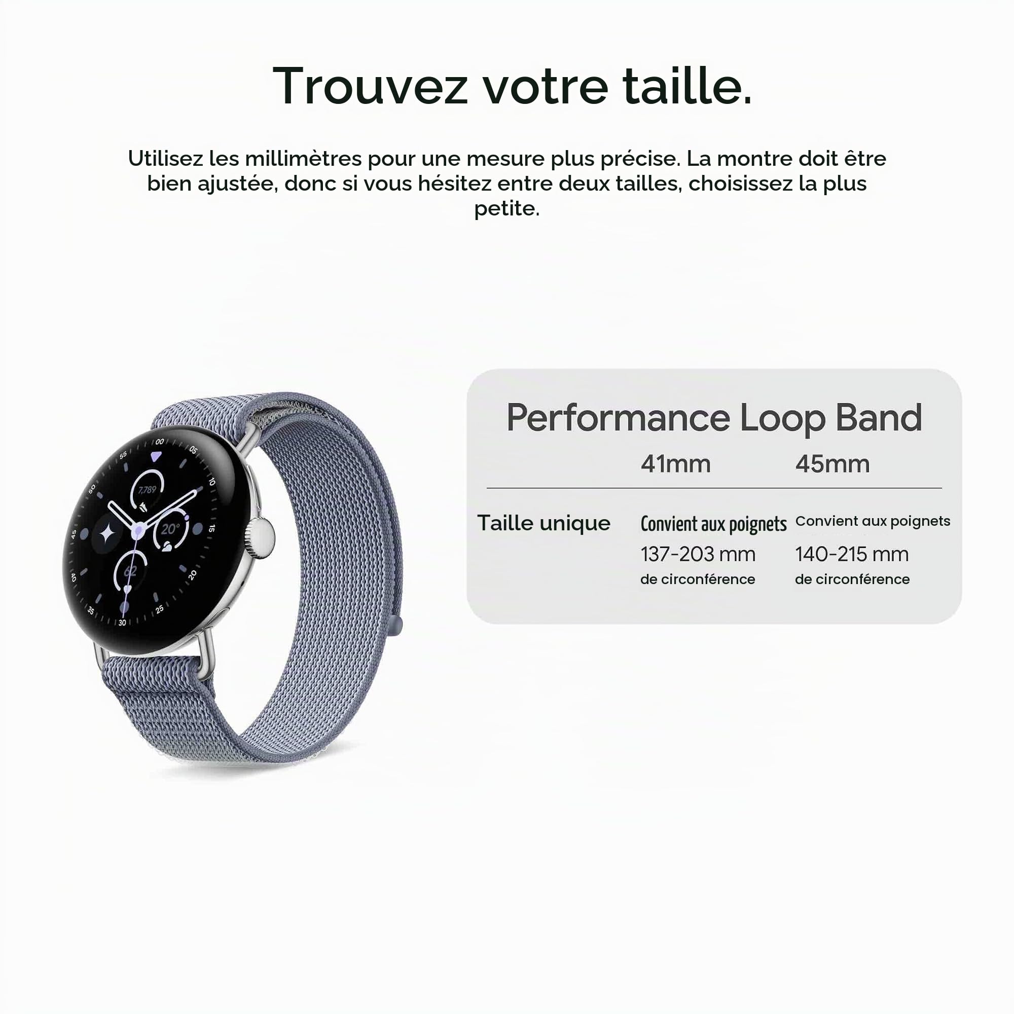 Bracelet performance à scratch Google Pixel Watch – Compatible avec la Pixel Watch et 2, 3 et 4 de 41 mm – Quartz Gris (Made by Google)