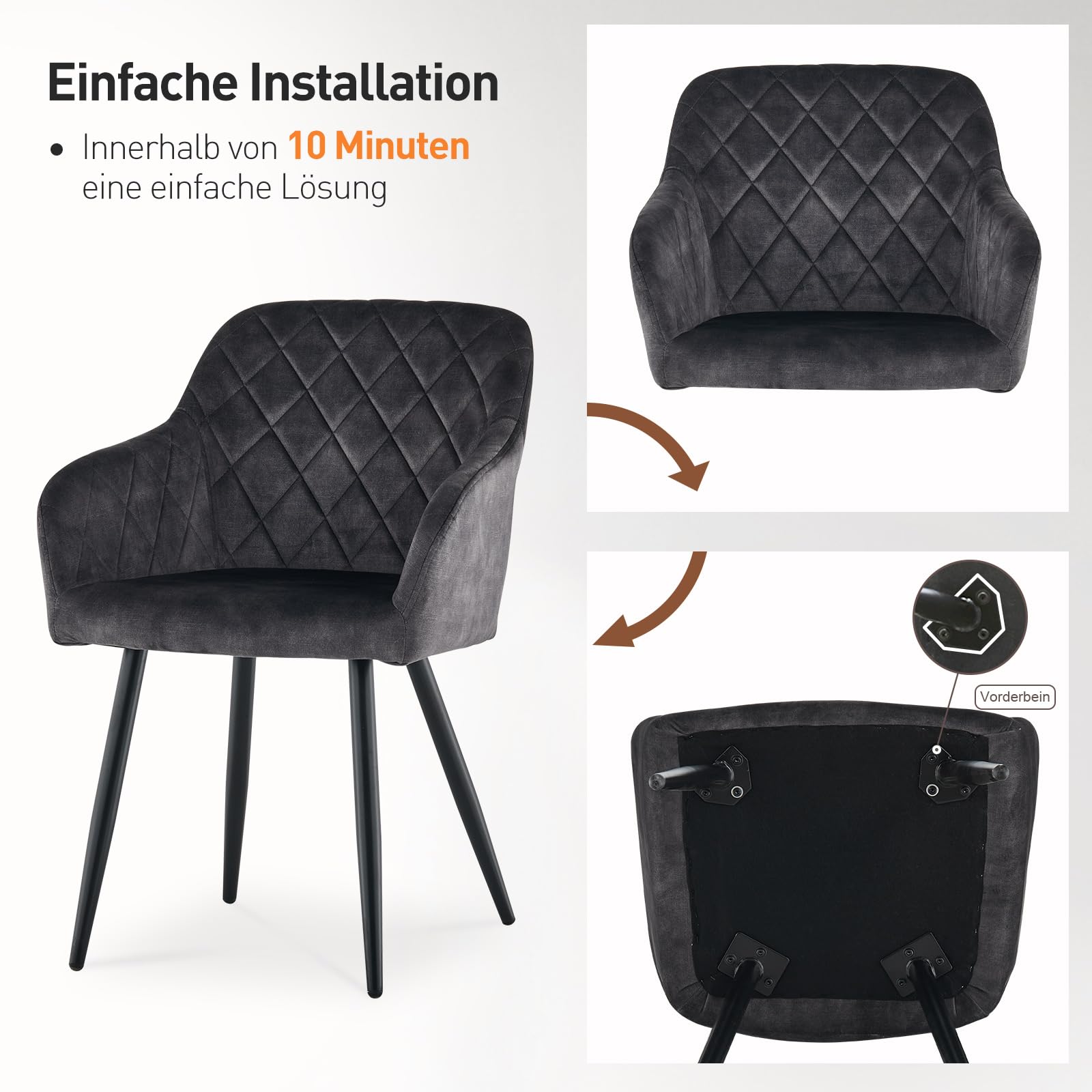 CLIPOP Esszimmerstühle 2er Set, Küchenstühle Grau Samtstoff Wohnzimmerstühle Polsterstühle mit Armlehne Metallbeine Polstersessel Stühle für Esszimmer Wohnzimmer Küche (2, Samt Kohlenstoffgrau)