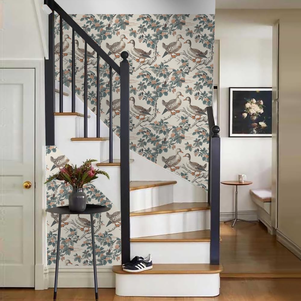 18"x236" Vintage Flower Ducks Peel and Stick Self Adhesive Wallpaper Removable Contact Paper Stick on Easy Peel Off Wall Paper for Kitchen Bedroom Bathroom Renter