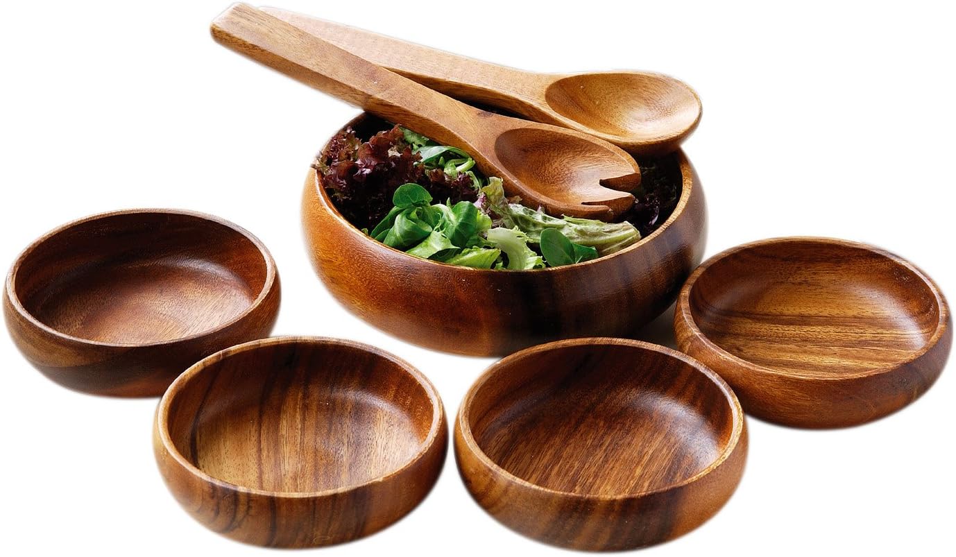 PremierHousewares Salad Bowl Wooden Bowls Salad Bowl & Servers Wood Fruit Bowl Salad Bowl Fruit Bowls Monkey Pod Salad Set 7 pieces,Natural,H5 x W20 x D20cm