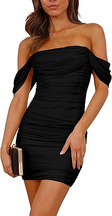 PRETTYGARDEN Cocktail Dresses 2025 Summer Off Shoulder Sexy Bodycon Ruched Mesh Graduation Wedding Guest Mini Short Dress