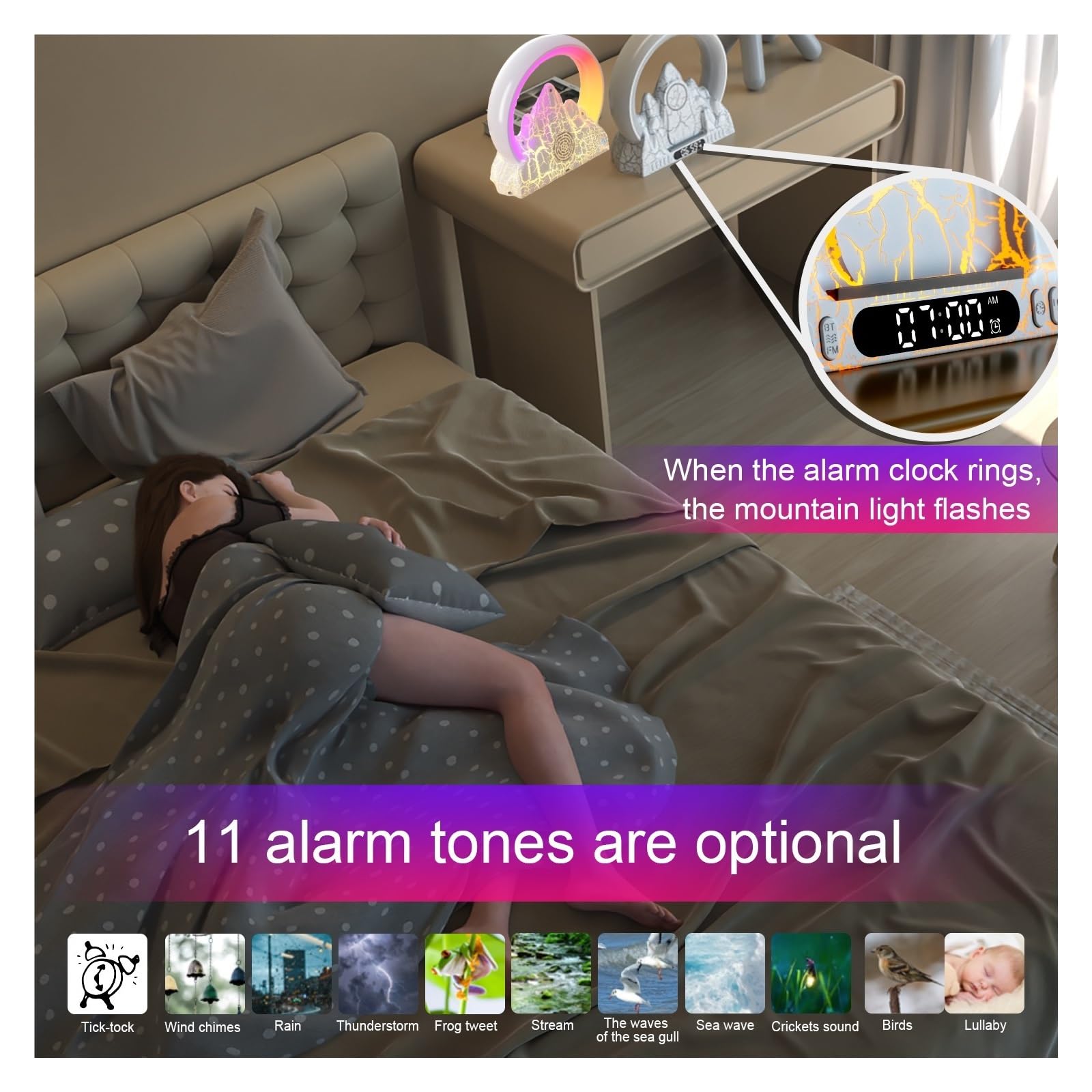 Reloj despertador Sunrise con carga inalámbrica, lámpara de noche táctil, altavoz Bluetooth portátil, control de aplicación, luz nocturna y función de alarma