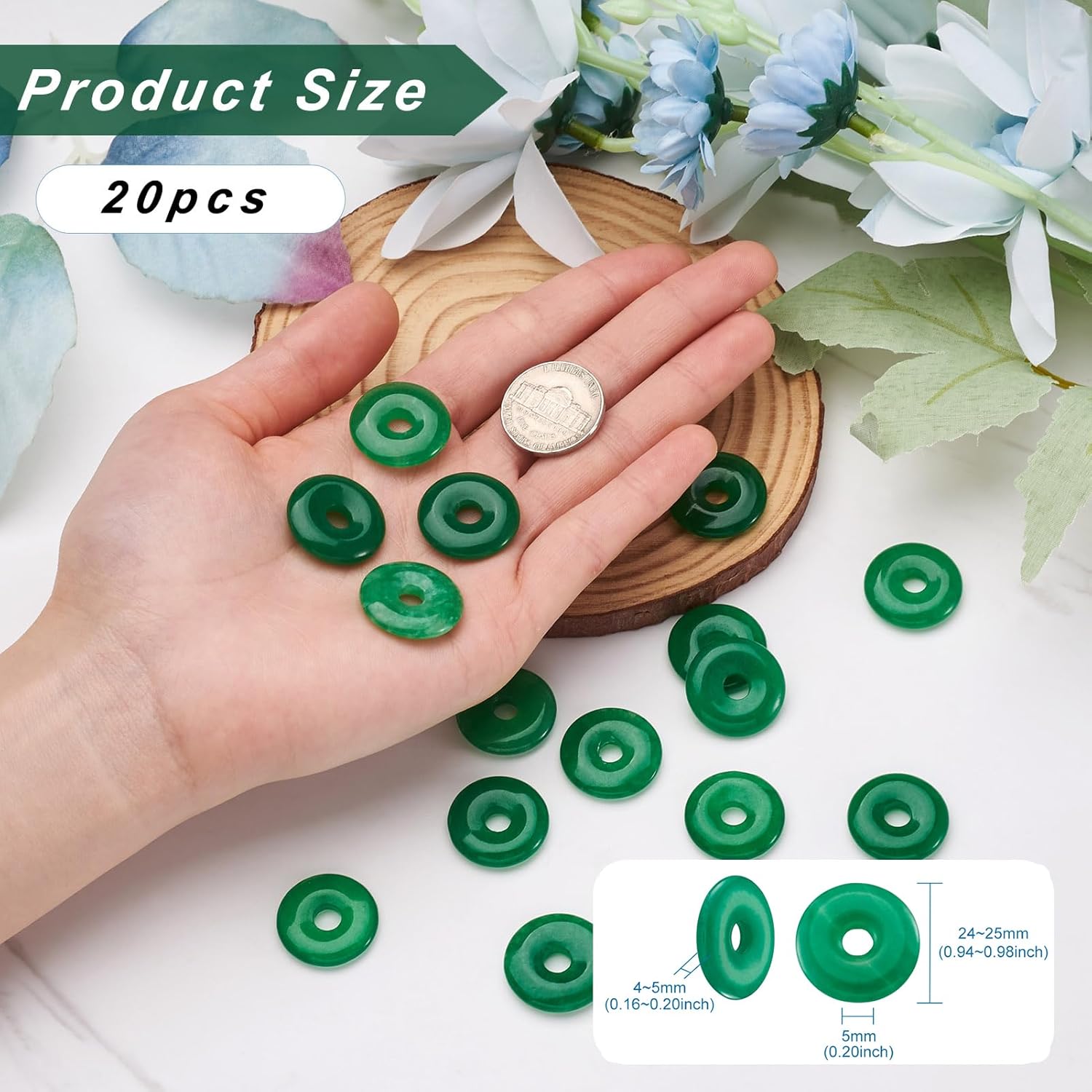 FASHEWELRY 10Pcs Natural Jade Donut Disc Gemstone Pendants 24-25mm Large Hole Healing Chakra Polished Stone Flat Round Bead Charms for Jewelry Making Hole: 5mm - Image 3