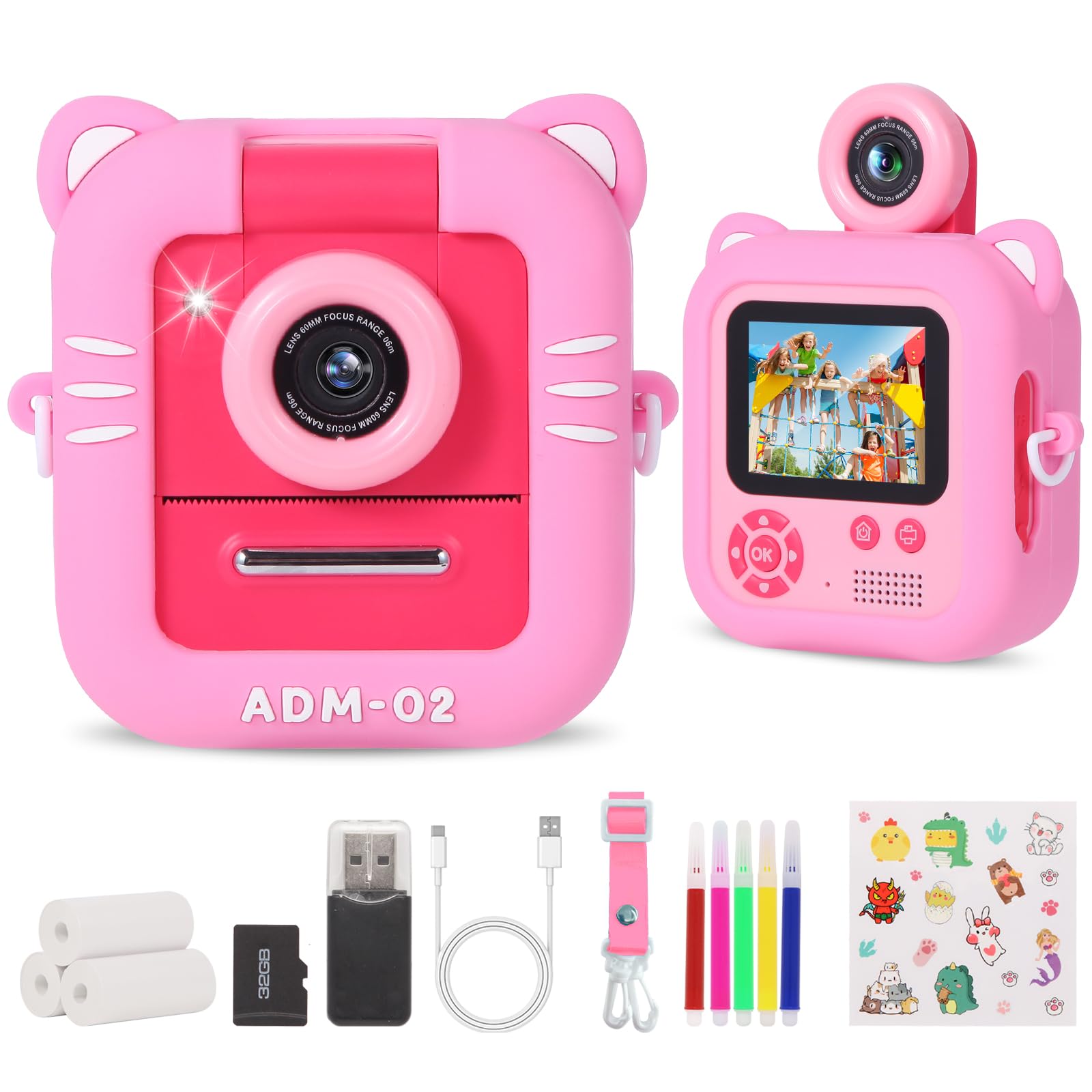 Macchina Fotografica Bambini Istantanea, ZUEOKAI 2,4" Fotocamera Istantanea Bambini con 180° Flip Obiettivo e 3 Stampa Carta, 32GB, Fotocamera con Silicone Custodia, Regalo Bambina Bambino 3-10