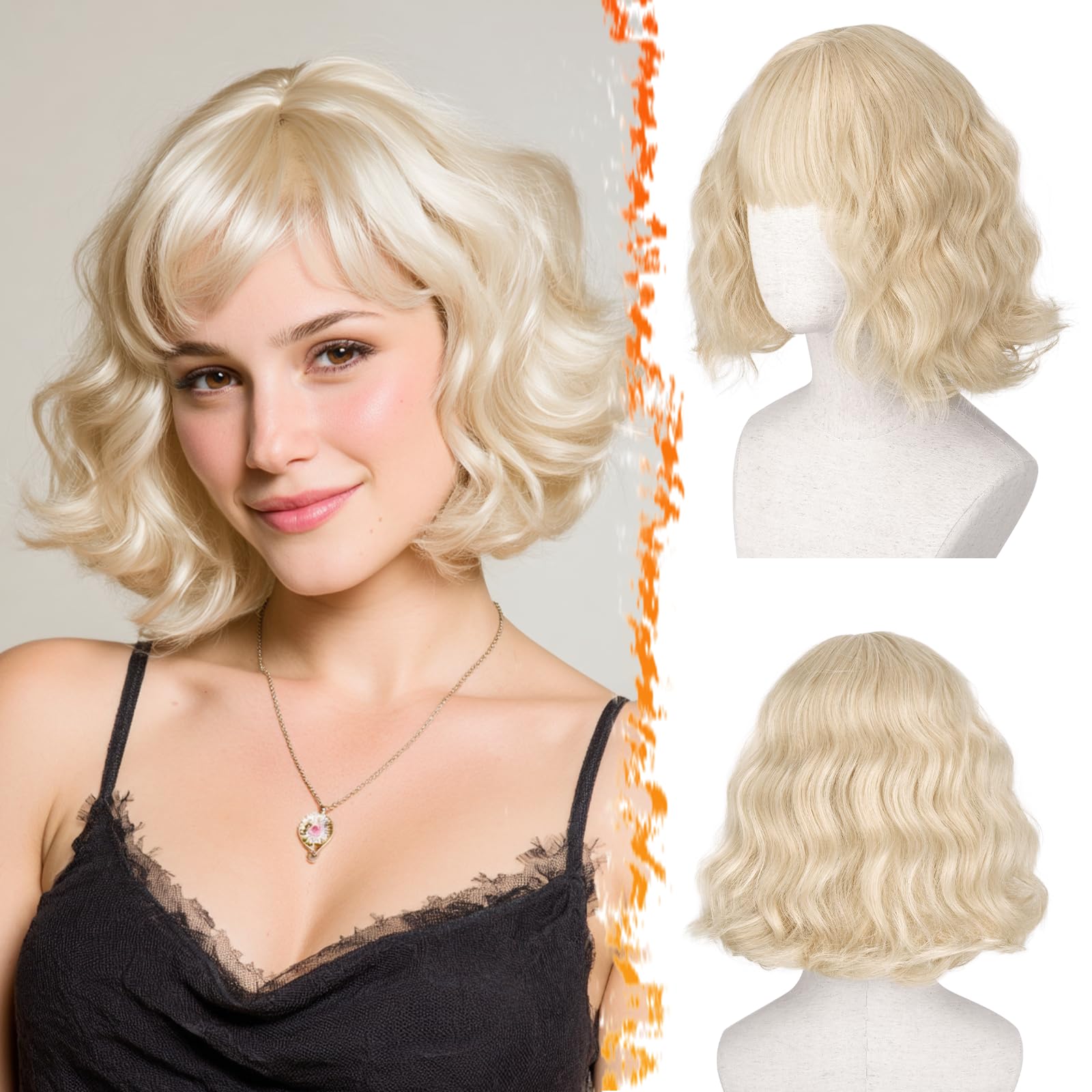 BARSDAR Light Blonde Short Wavy Wig with Bangs - Short Wavy Blonde Wigs for Women - Soft Synthetic Textured Curly French Bob Wig with Bangs Natural