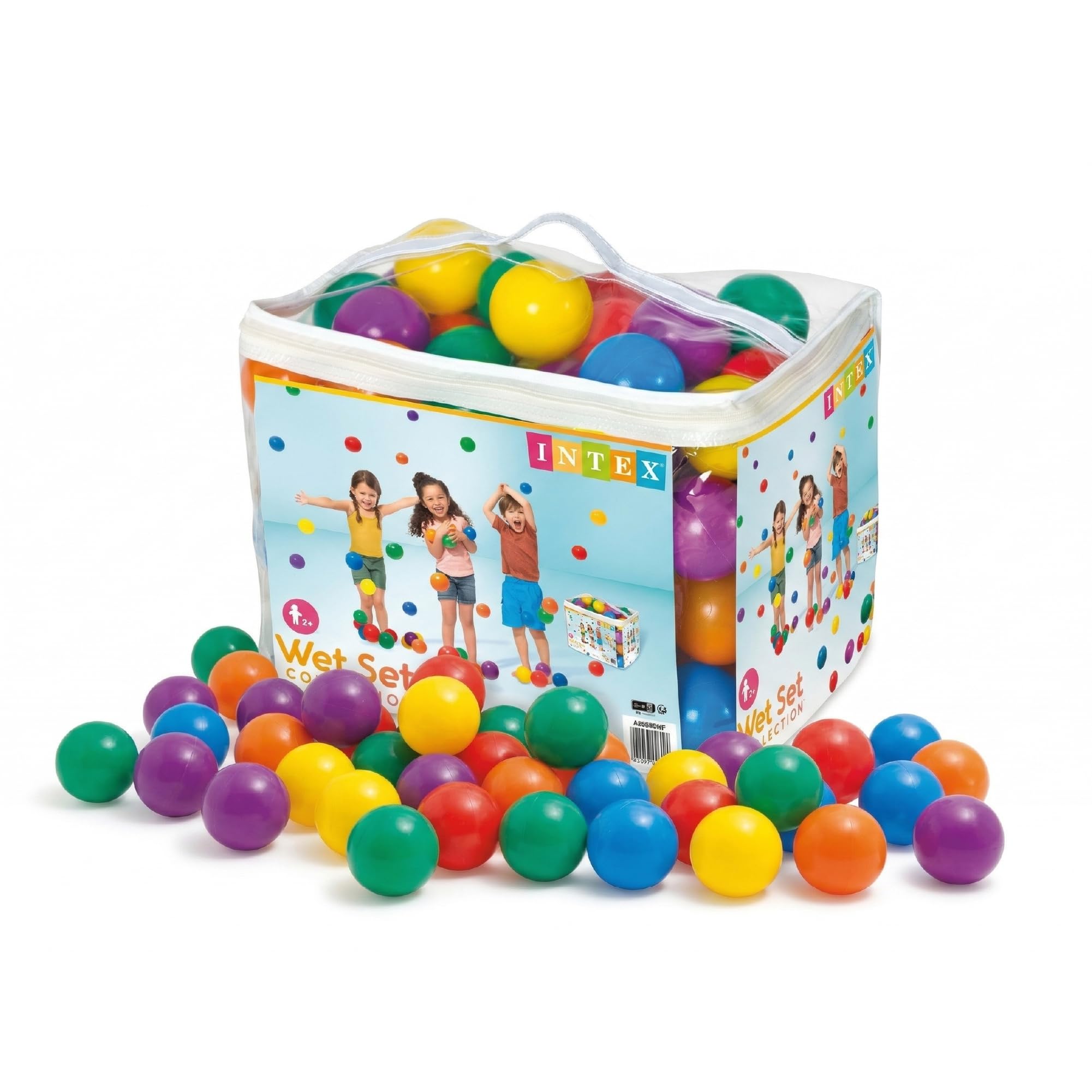 Intex Pack 100 Bolas Infantiles, Diámetro 8 cm, 6 Colores Surtidos, Plástico Resistente, Juego sensorial y motriz, Uso Interior y Exterior, Incluye Bolsa con asa, A Partir de 2 años (49600)