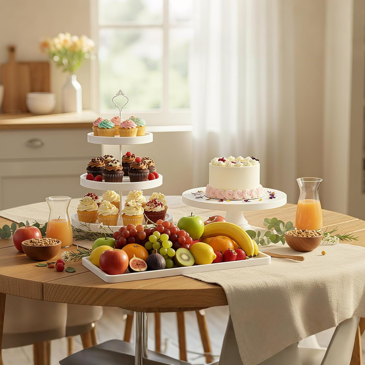 RattanView 7 Pcs Wood Dessert Table Display Set Wooden 3 Tie Cupcake Stands Rustic Round Cake Stand Wood Dessert Serving Trays for Wedding Baby Shower Birthday Tea Party(White)
