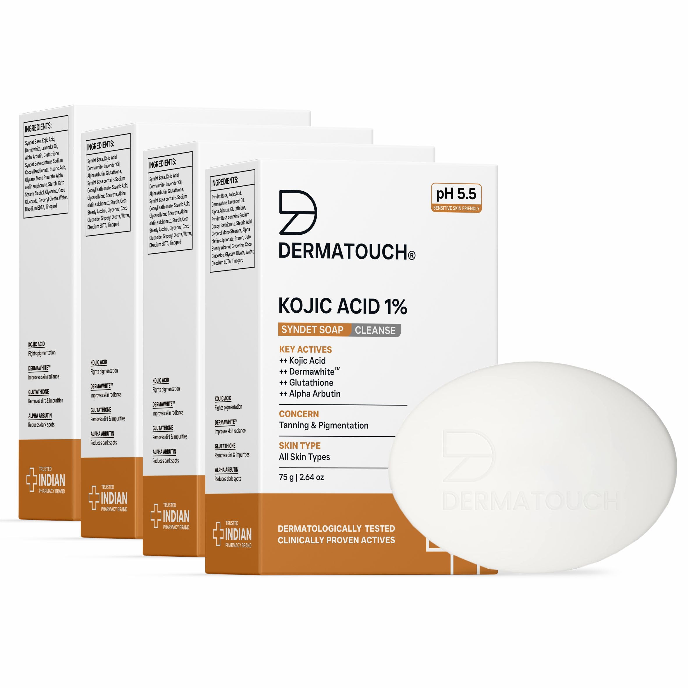 DERMATOUCH Kojic Acid 1% Soap with Glutathione | For Pigmentation & Sun damage | Soap for Men & Women | Suitable for All Skin Types | 75g x 4