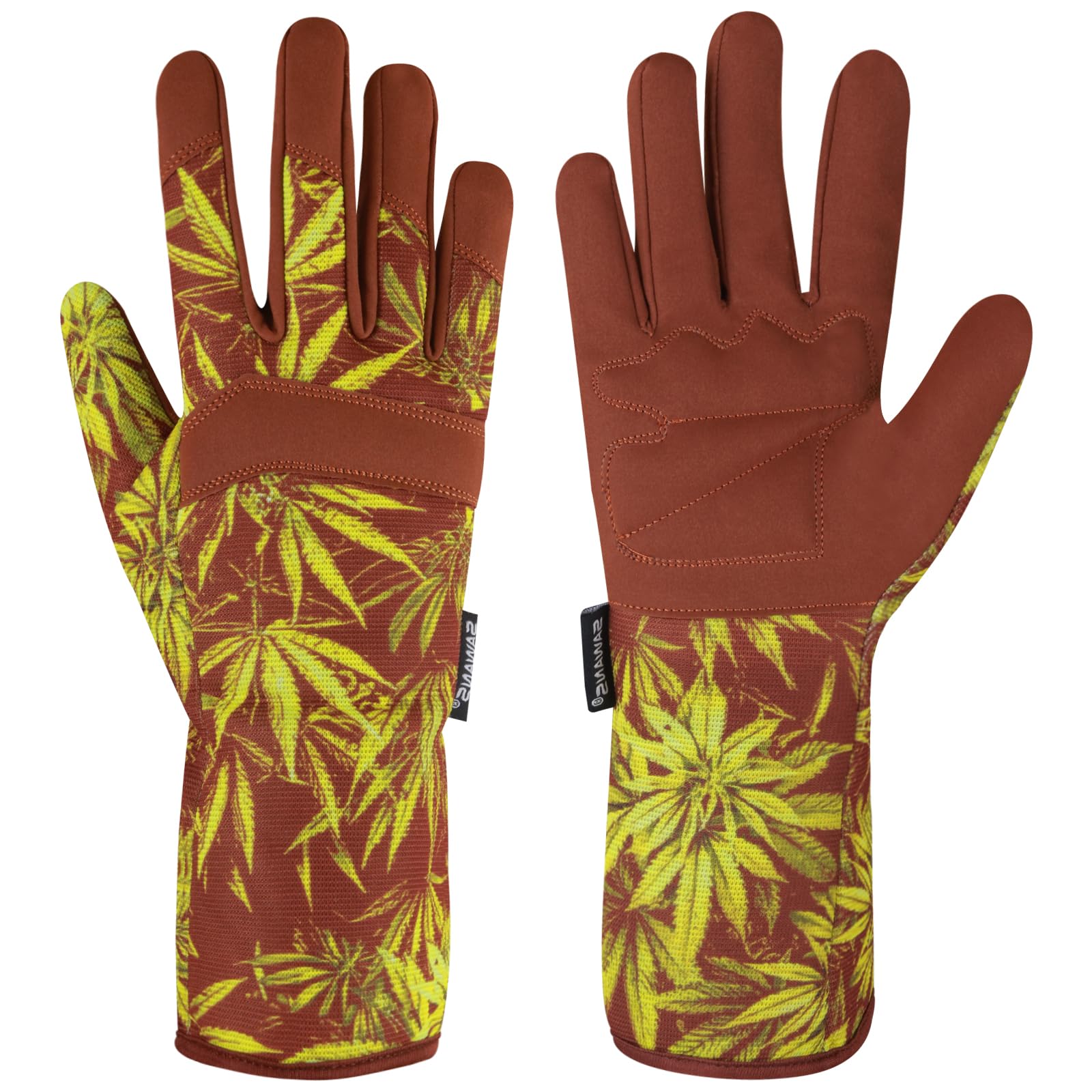 SAWANS Gardening Gloves Ladies Men/Women Microfiber Leather Long Forearm Durable Breathable Thorn Proof Gardener Safety Work Spandex Sleeves Rose Pruning Gift (Long Brown