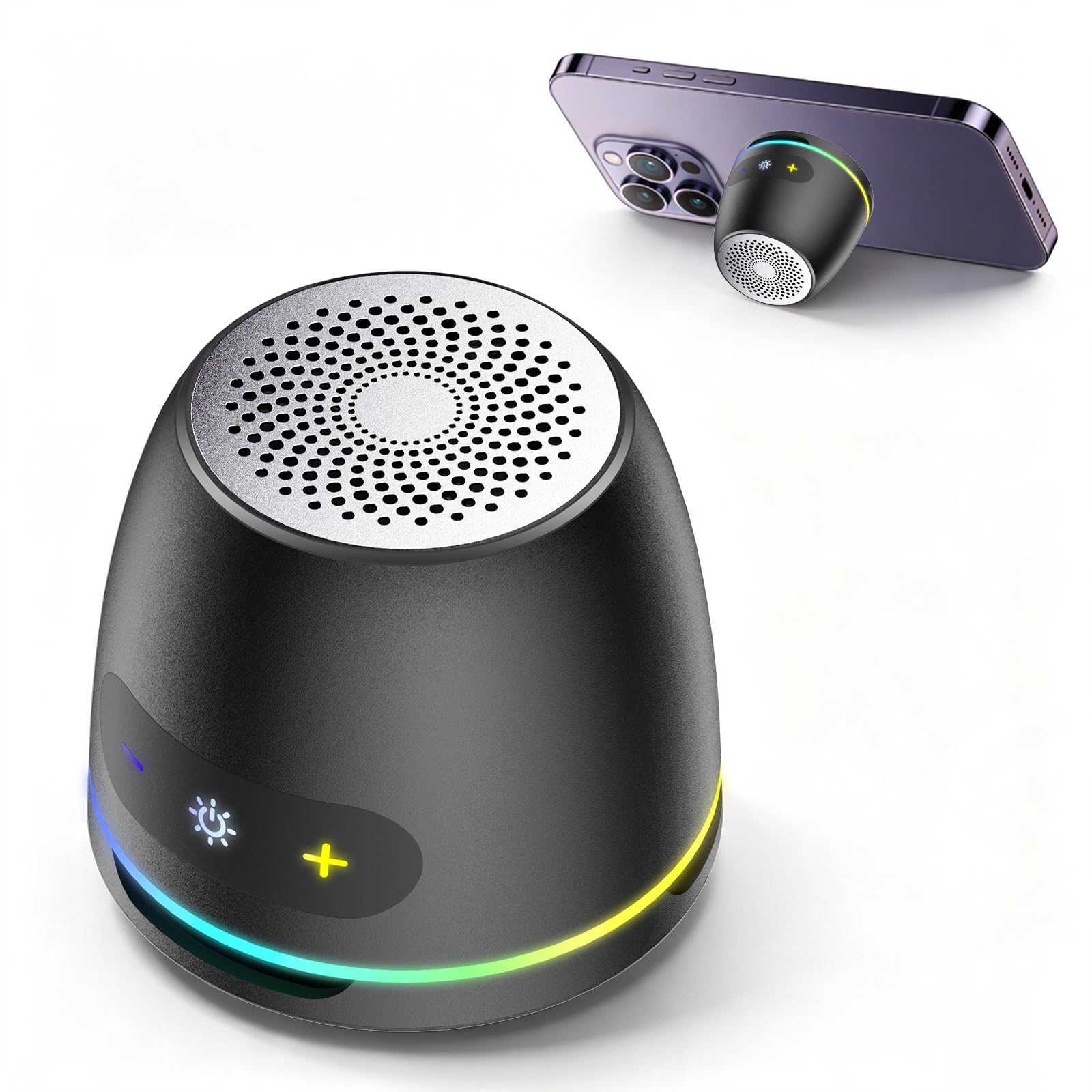 IKT Magnetischer Bluetooth Lautsprecher mit Telefonhalterung, Musikbox Bluetooth 5.4, 5W Stereo Bass Boost, IPX7 Wasserdicht, 5 RGB Lichtmodi, 10H Spielzeit, Party-Lautsprecher für Innen & Außen, TWS
