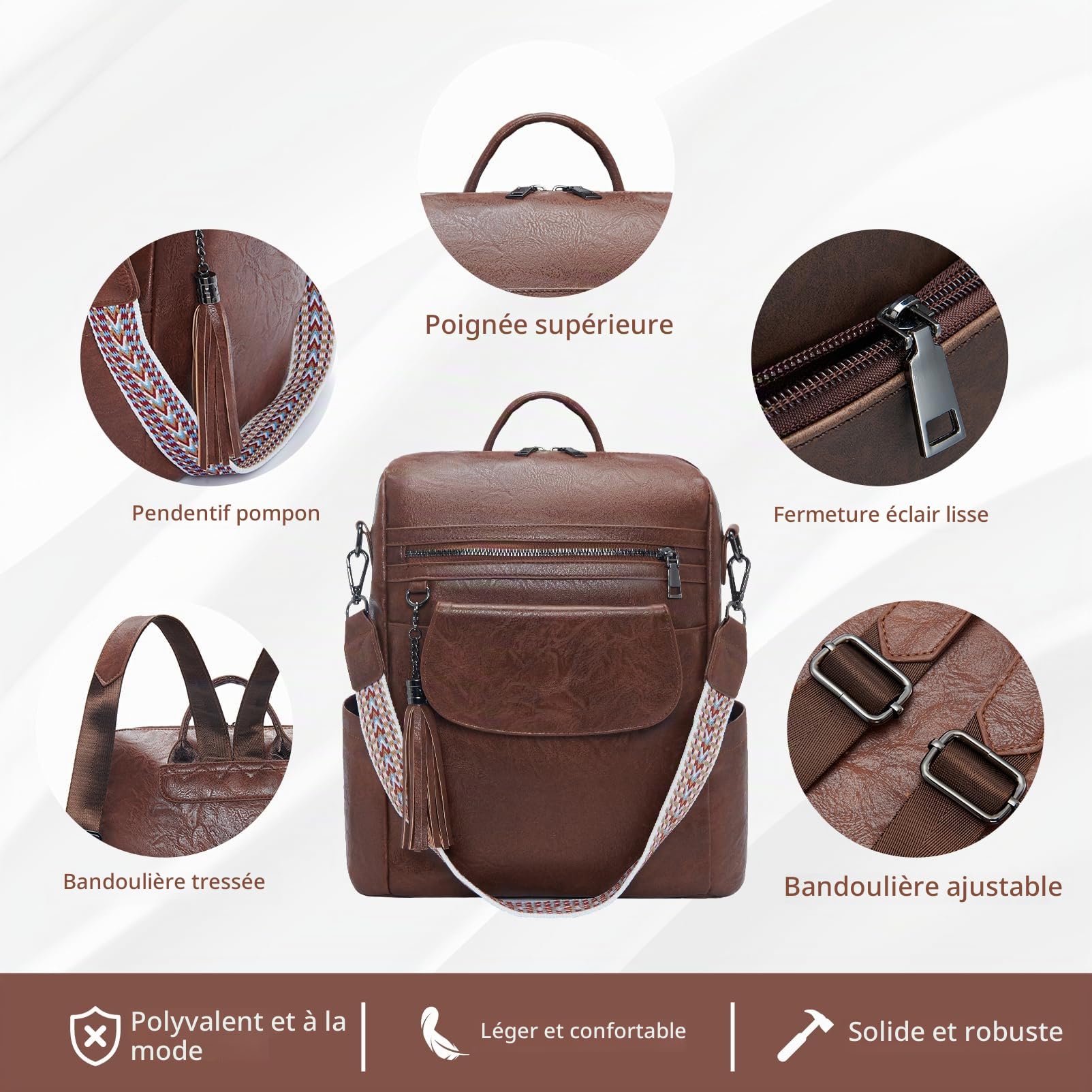 Petit Sac a Dos Cuir Femme Vintage, 2 en 1 Sacs à Main Portés Dos Femme Imperméable Cuir Sac à Dos élégant Plusieurs Poches Sac a Dos Antivol pour le Loisir, Voyage