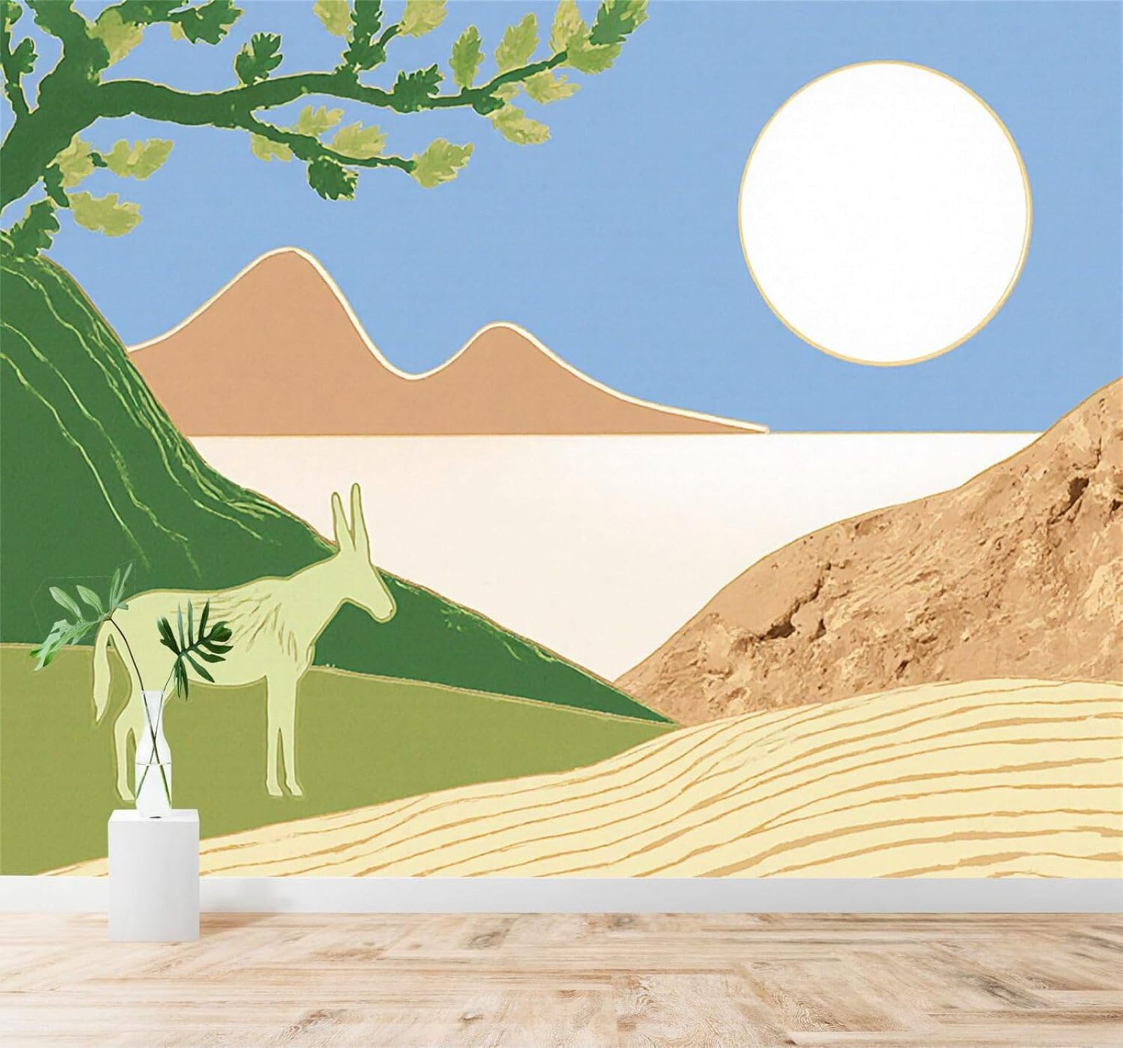 XLMING Minimalist Donkey Green Trees Hills Sunshine Landscape 3D Wallpaper Silky Texture Home Study Office Grey Dining Room Sofa Bedroom Living Room TV Backdrop-300cm×210cm