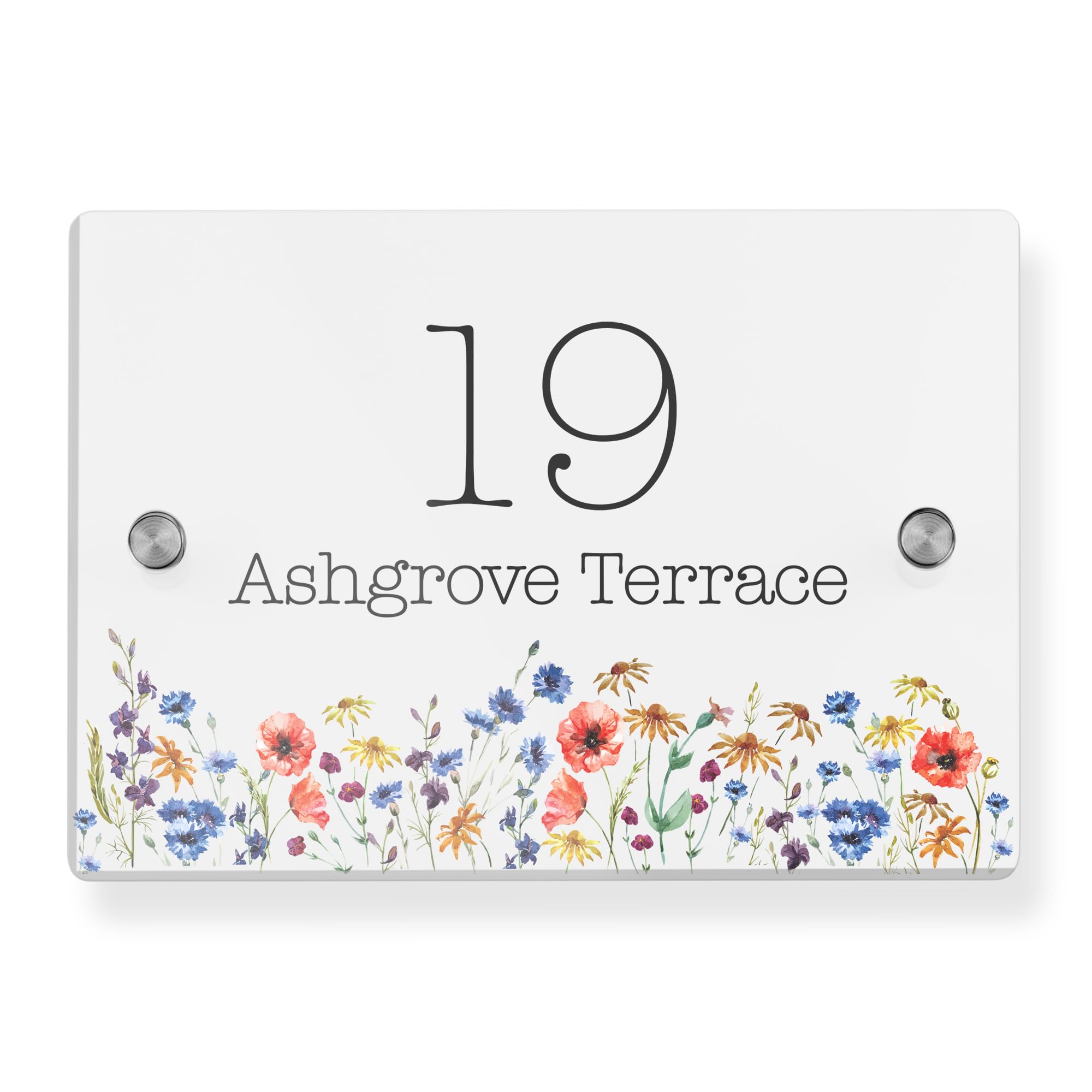 Personalised Acrylic House Sign with Wildflower Design | 210mm x 148mm Address Plaque | Custom Printed Door Number | Weatherproof Outdoor Home Name Plate (White)