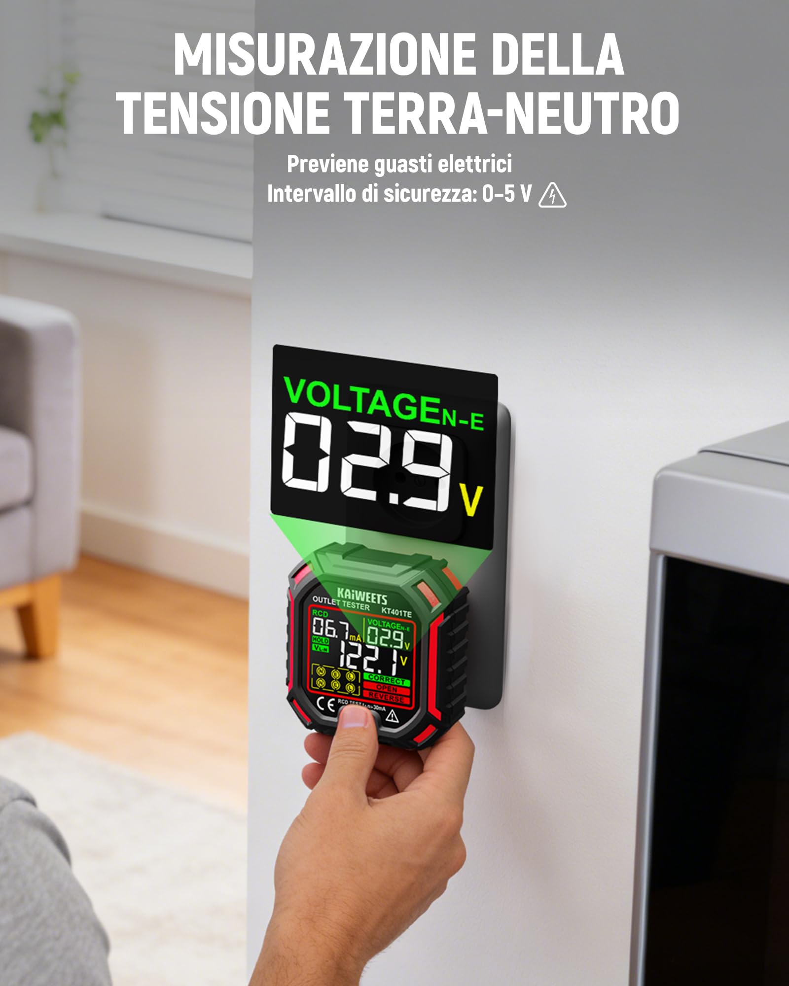 KAIWEETS Tester per prese con test RCD e display LCD della tensione, indicatore di tensione, 7 test di cablaggio, misurazione della tensione di dispersione, tester per prese 200-250 V, CAT II 300 V
