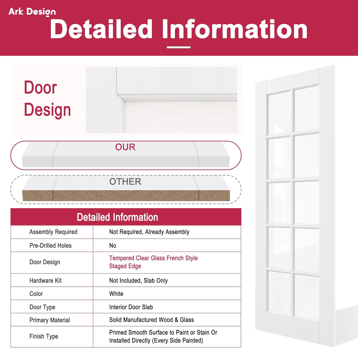 30" x 80" French Doors Slab, 10-Lite Clear Glass Interior Door for Hallway, Bedroom Door with Window, White Finished & Paintable, MDF Door Panel w/o Borehole or Hinges