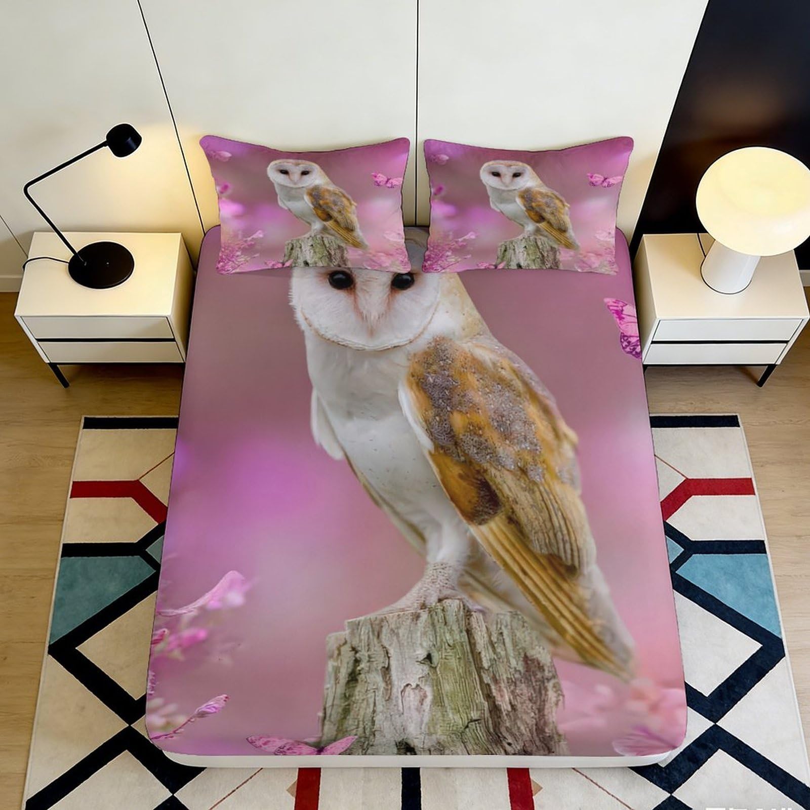 3D Printed Owl Pattern Fitted Sheet Microfiber Deep Pocket Non-Slip Bedroom Bedding Owl Mattress Fitted Cover Elastic Hem Washable for Adults Teens 140x200x25cm