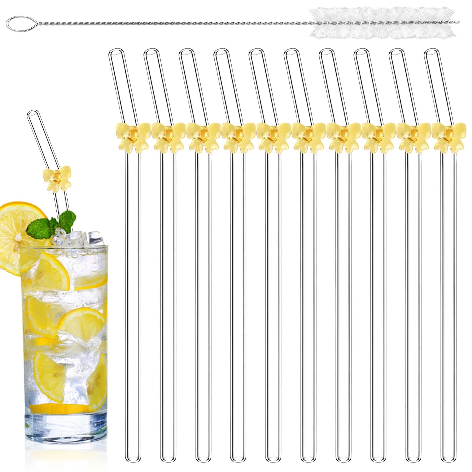 10 Pcs Bow Glass Straws with 1Pc Straw Cleaner Brush 20cm/7.87inches Reusable Bent Clear Glass Straw with Bows Drinking Straws for Cocktails Coffee Smoothies Juice Milkshakes (Yellow Bow)