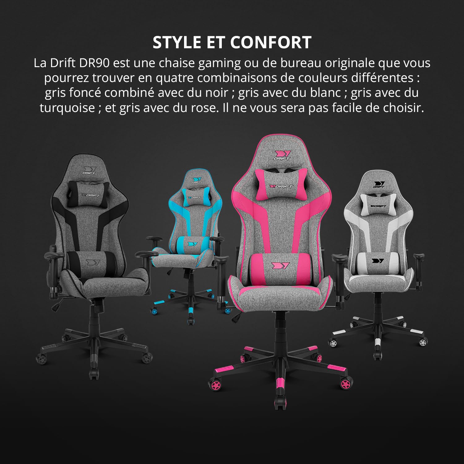 DRIFT GAMING Chair DR90 -DR90DGB - Chaise de Jeu Professionnelle, Tissu, accoudoirs rembourrés 2D, Base en Nylon renforcé, Piston de Classe 4, Inclinaison, Coussin Lombaire/Cervical, Gris/Noir