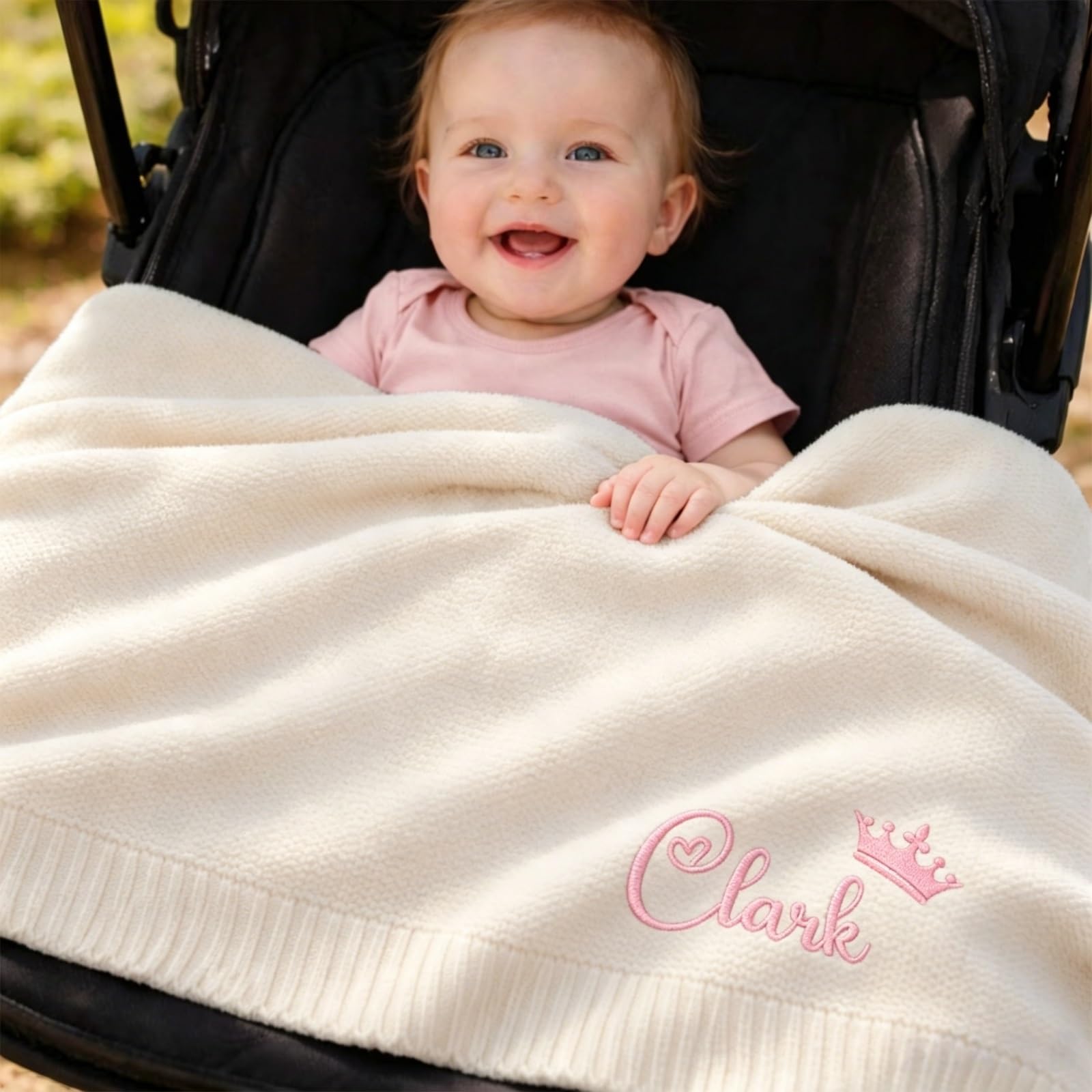 ZZTINGC Personalized Baby Name Blanket, Custom Embroidered Soft Knit Blanket, Baby Shower Present, Newborn Keepsake, New Mom Gift (30x40 Inches)(Beige)