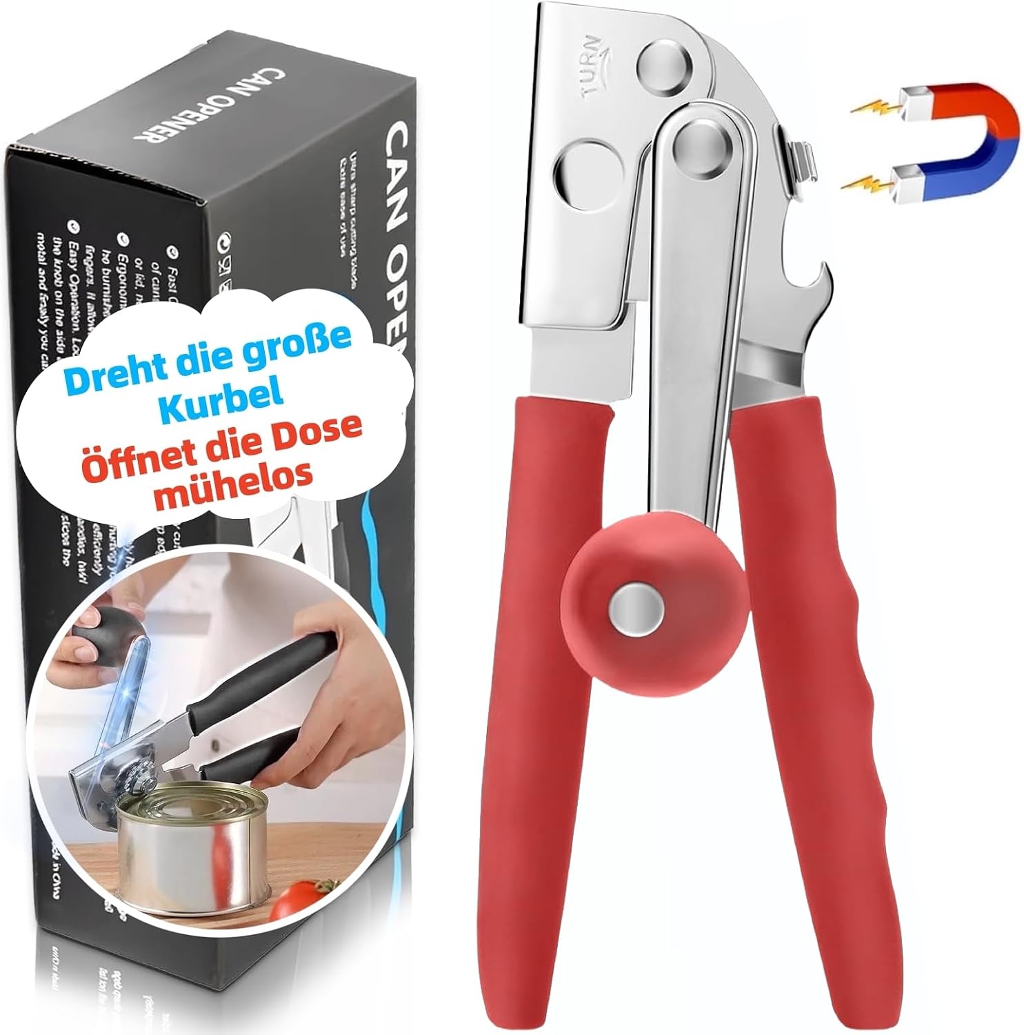 Professional Can Opener, Stainless Steel with Comfort Handle, Manual Operation, Smooth Edge, for Seniors and Kitchen (Red)
