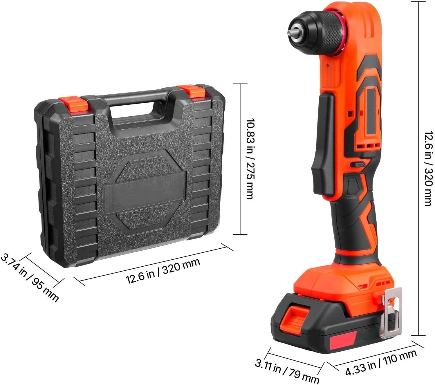 Right Angle Drill, 3/8 Inch Chuck, 90 Degree Cordless Right Angle Drill with Brushless Motor, Battery, Charger, and Belt Clip, Adjustable Speed, for Fastening and Loosening in Tight Spaces