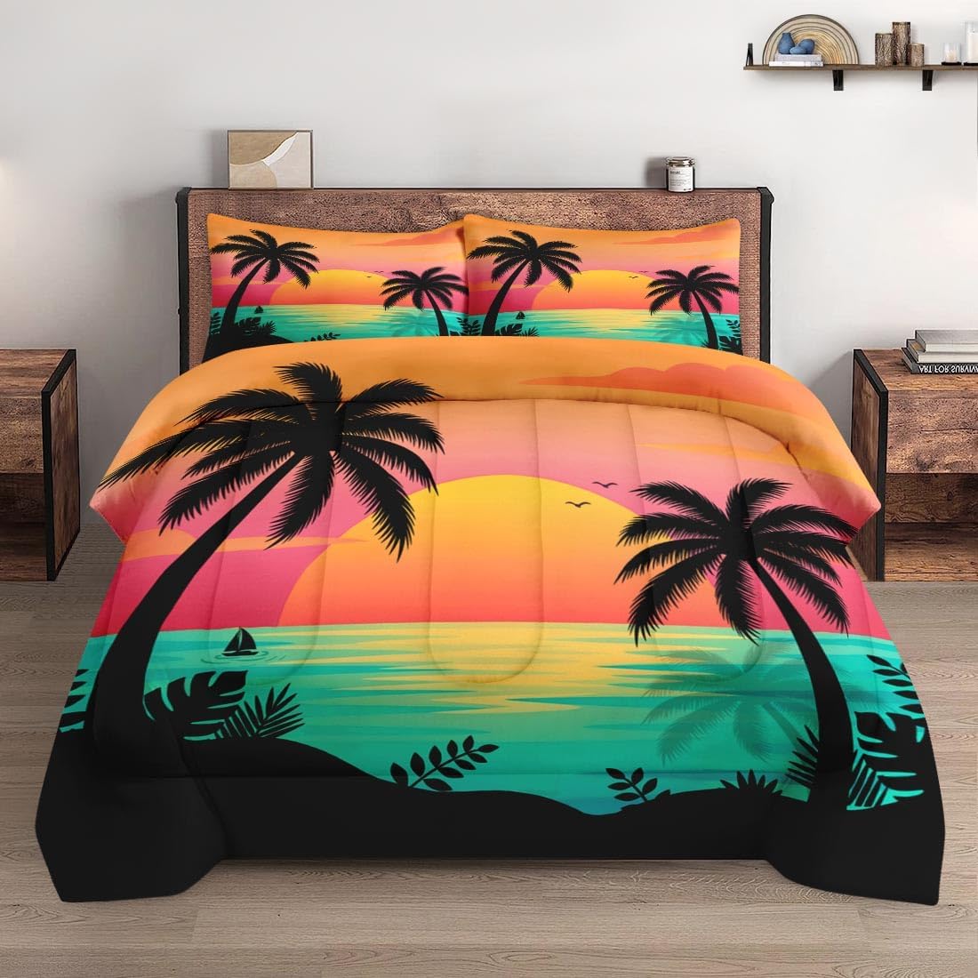 Pamnest Comforter Set Queen Size, Beach Sunset Palm Tree 3 Pcs Soft Bedding for Kids and Adults, Red Retro Tropical Comforter Set with Pillowcase, for Bedroom Bed Decor