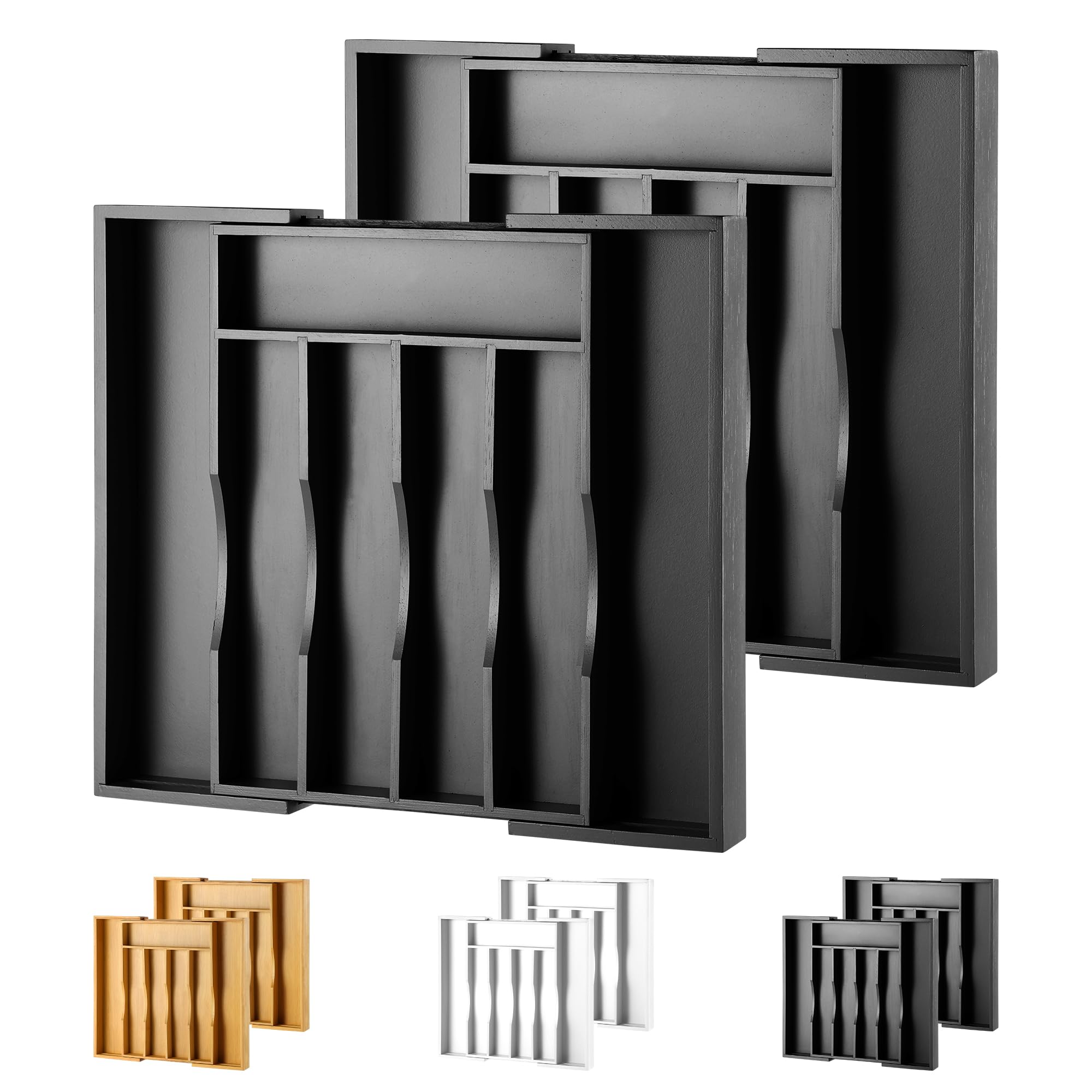 2-Piece Expandable Bamboo Kitchen Drawer Organizer for Cutlery and Utensils, Adjustable Bamboo Wood Cutlery Tray in Drawer for Flatware and Silverware in Kitchen, (Black)