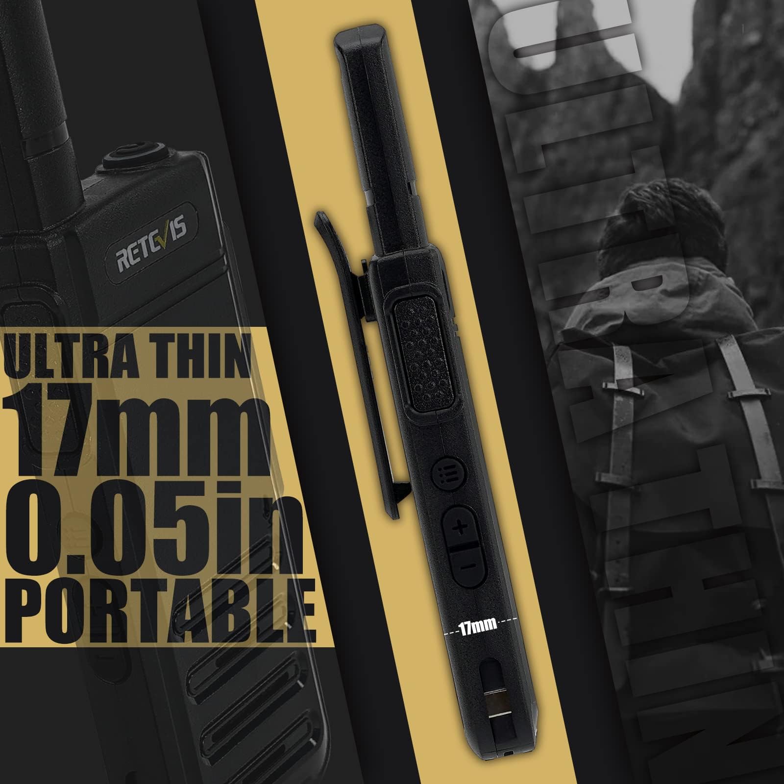Retevis RB639 Walkie Talkie Profesional, 1000mAh, 17mm Ultrafino Walkie-Talkie, PMR446, USB-C, VOX, Alarma de Emergencia, Walkie Portátil para Restaurantes, Tiendas (2 Piezas, Negro)