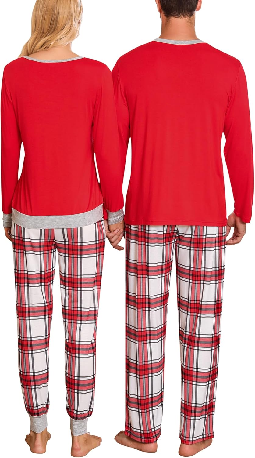 SWOMOG Couples Pajama Sets Women & Men Long Sleeve Sleepwear Top Plaid Pants Loungewear Set with Pockets - Image 4