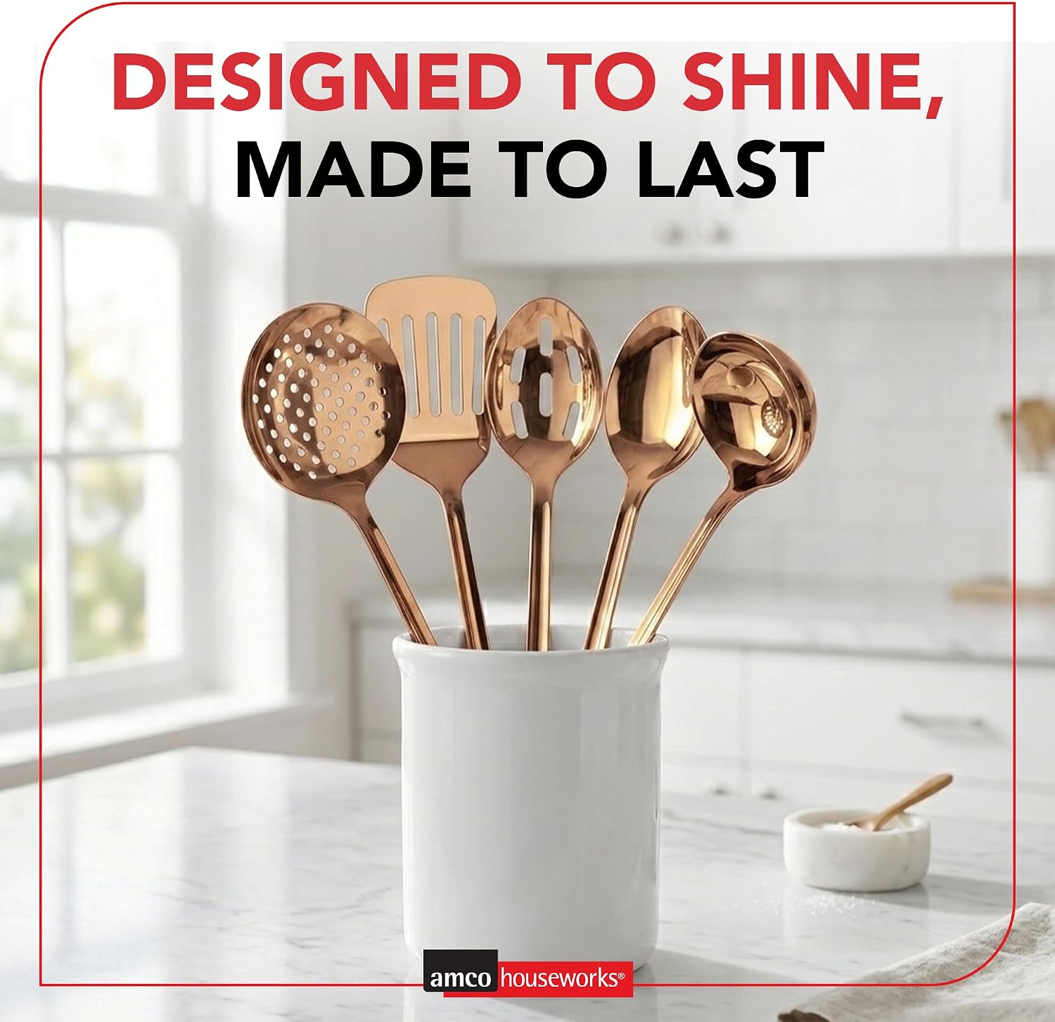 Amco 5-Piece Stainless Steel Cooking Utensil Set, Copper Finish - Includes Kitchen Ladle, Slotted Turner, Skimmer, Solid Spoons - 14" with Hanging Holes for Easy Storage, Durable Kitchen Gadgets
