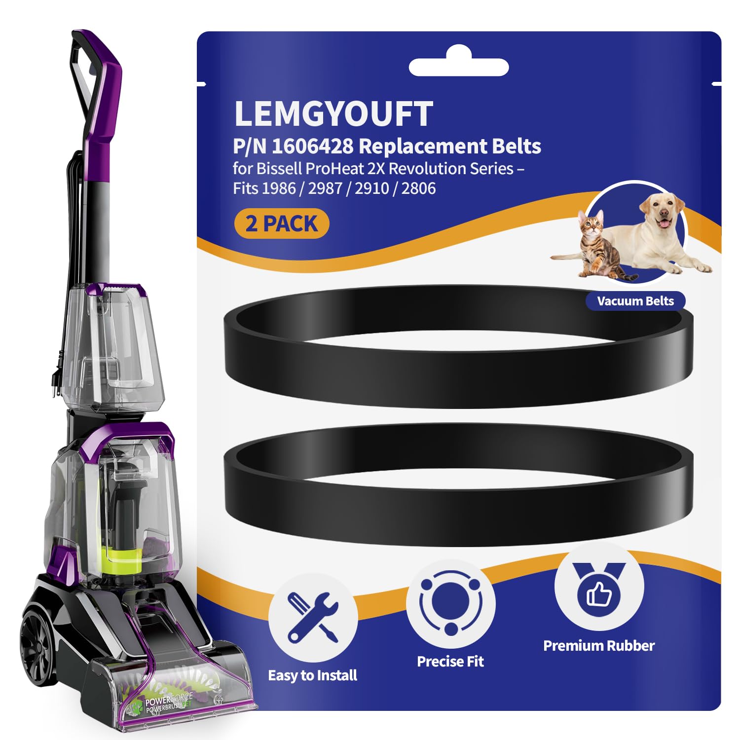 Replacement Belts for Bissell 2910 2987 1986 1548 2007 2007P 1551 1550 2806 28062 29878 29879 PowerForce TurboClean PowerBrush Pet Carpet Cleaner, Flat Pump Belt Part #1606428 (2-Pack)