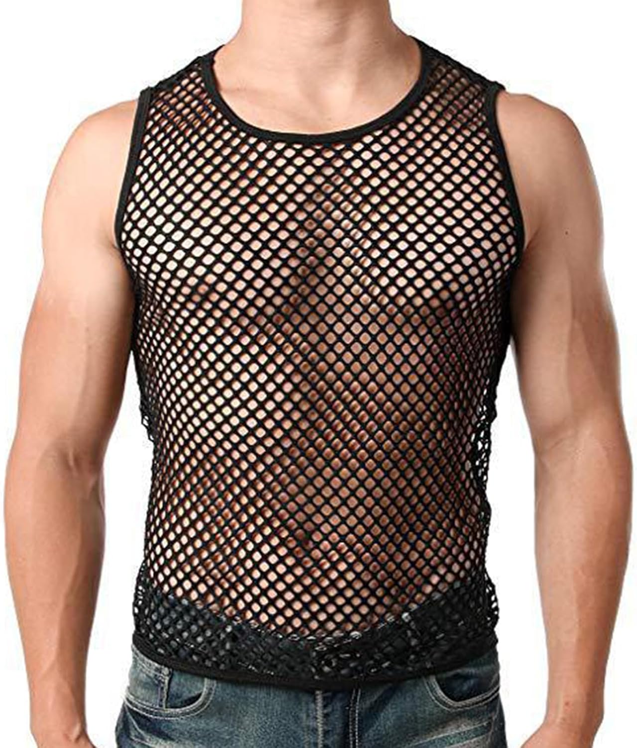 Evankin Mens Sexy Mesh Tank Top See Through Fishnet Sleeveless Tank Shirt Round Neck Sheer Undershirts