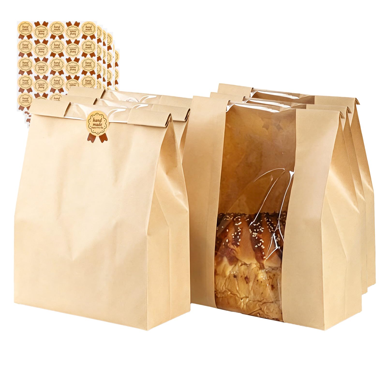 Hniuyun 200 Pcs Kraft Paper Bread Bags with Window for Homemade Sourdough, Cookies & Snacks - Bakery Storage (35x21x9cm) Includes 210 Stickers
