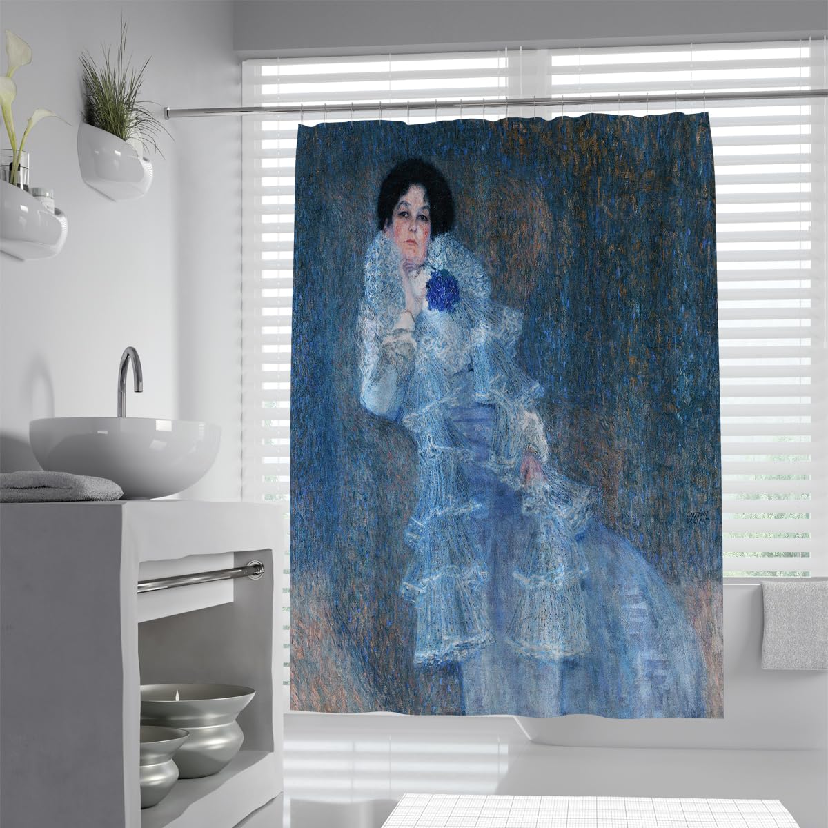 OLLIAR Home Vintage Blue Shower Curtain Set Abstract Luxury Art Lady Portrait Print Bathtub Curtains Waterproof Fabric Bathroom Shower Curtains with Hooks 240x180cm