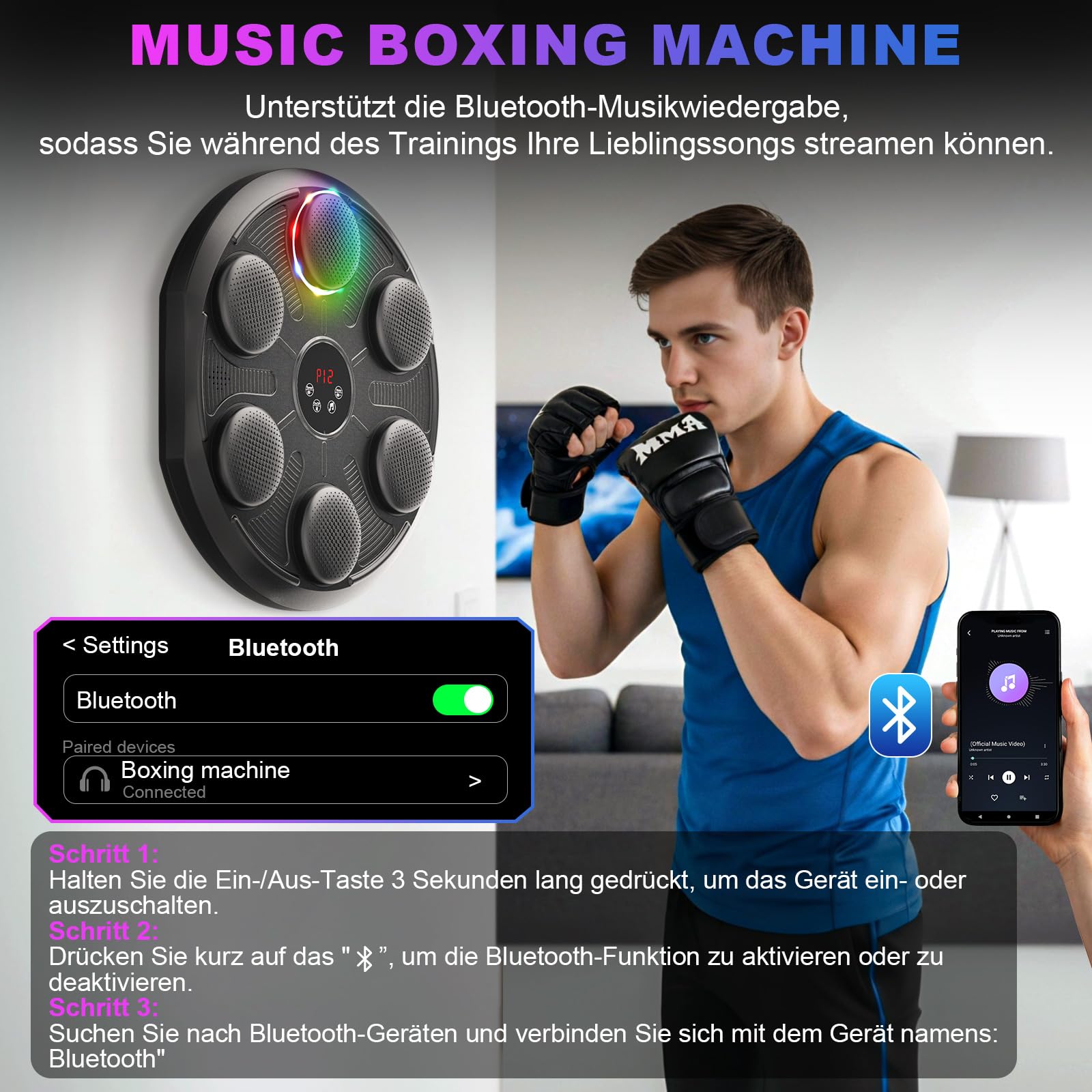 Music Boxing Machine mit 12 Geschwindigkeiten & Modi, 1 Paar Boxhandschuhe, Bluetooth, LED-Lichter, Zählmodus, Elektronische Boxmaschine für Erwachsene und Kinder Zuhause, Home Fitness