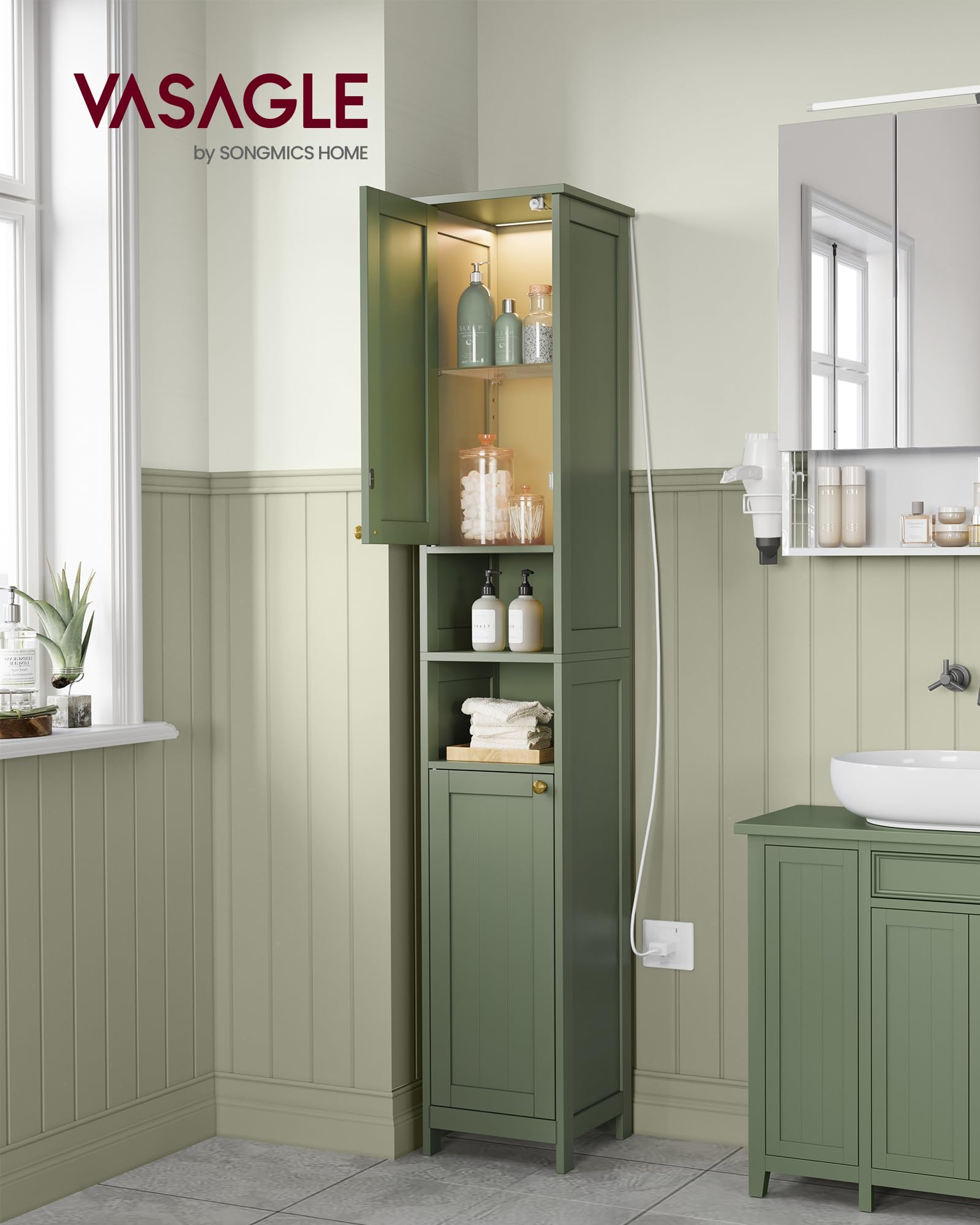 VASAGLE Armoire de Salle de Bain Haute avec Éclairage, Meuble de Rangement Mince, avec Étagères Réglables, Largeur 40 cm, pour Les Petits Espaces, Moderne, Vert Forêt BBC766CH03