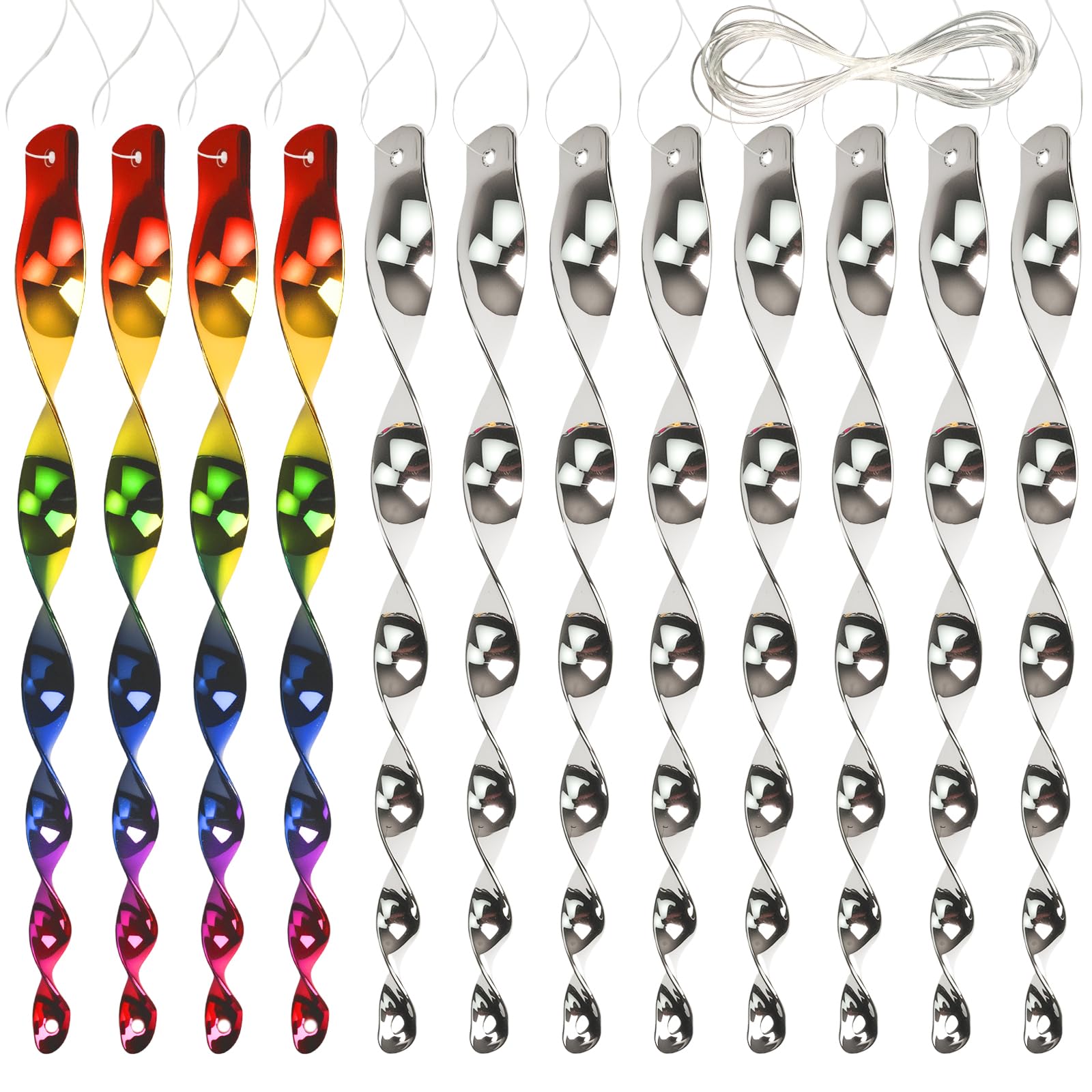 12 Pcs Reflective Bird Deterrent Rods, 3D Hanging Wind Spinners, 360 Degree Wind Spiral Scare Rods, Bird Scare Devices Keep Birds Away From Your Home, Garden, Patio(Silver + Color Gradient)-image-47