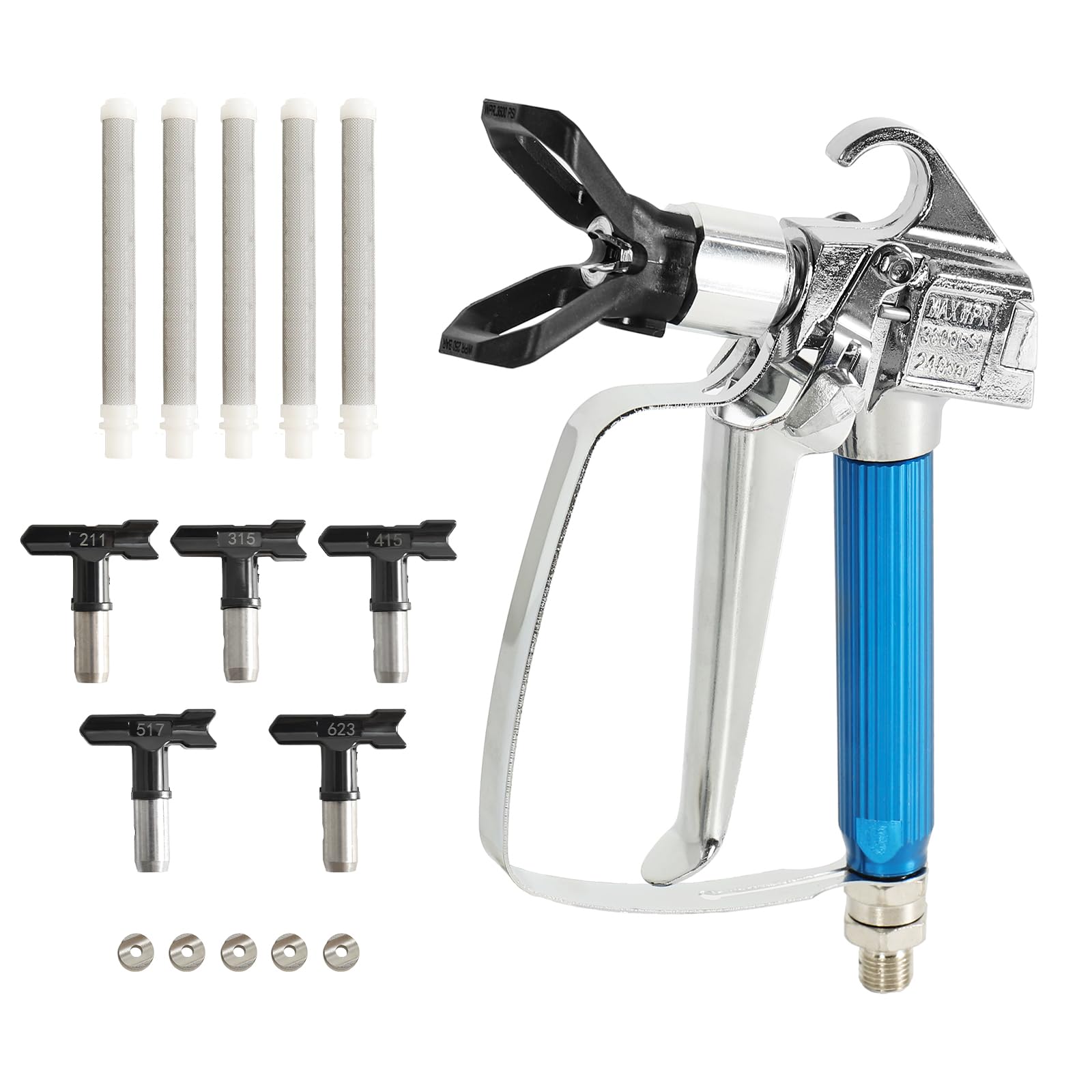 12 pezzi Kit pistola per verniciare, Pistola a spruzzo airless 3600PSI, 5 Ugello(211、517、315、623、415), 5 filtri, 1 ugello seggiolino