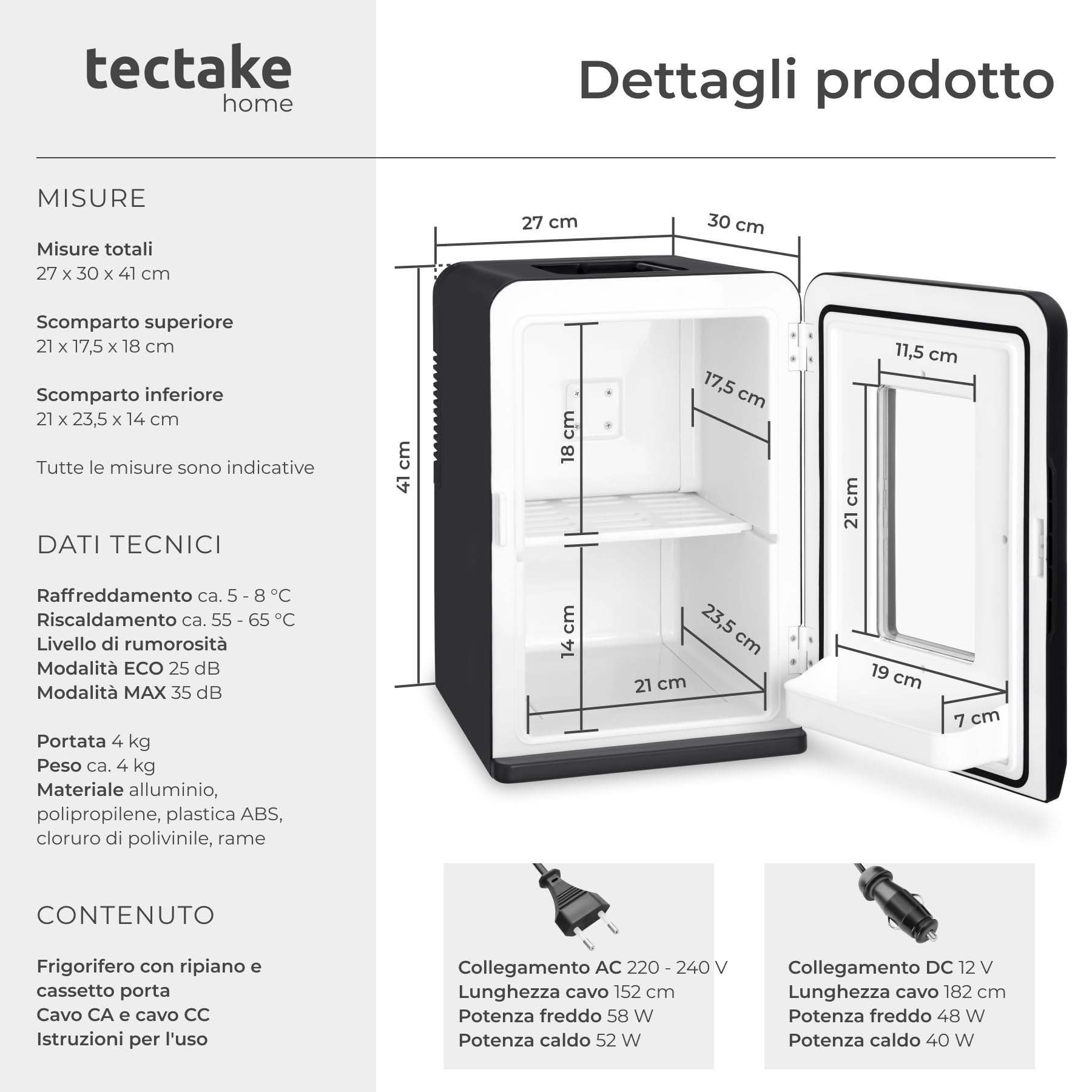 tectake® Mini Frigorifero Portatile con Finestra, Frigorifero Piccolo 2 in 1 per Raffreddamento e Riscaldamento, Frigorifero da Viaggio con Funzione Eco Silenziosa, Design Compatto - Nero