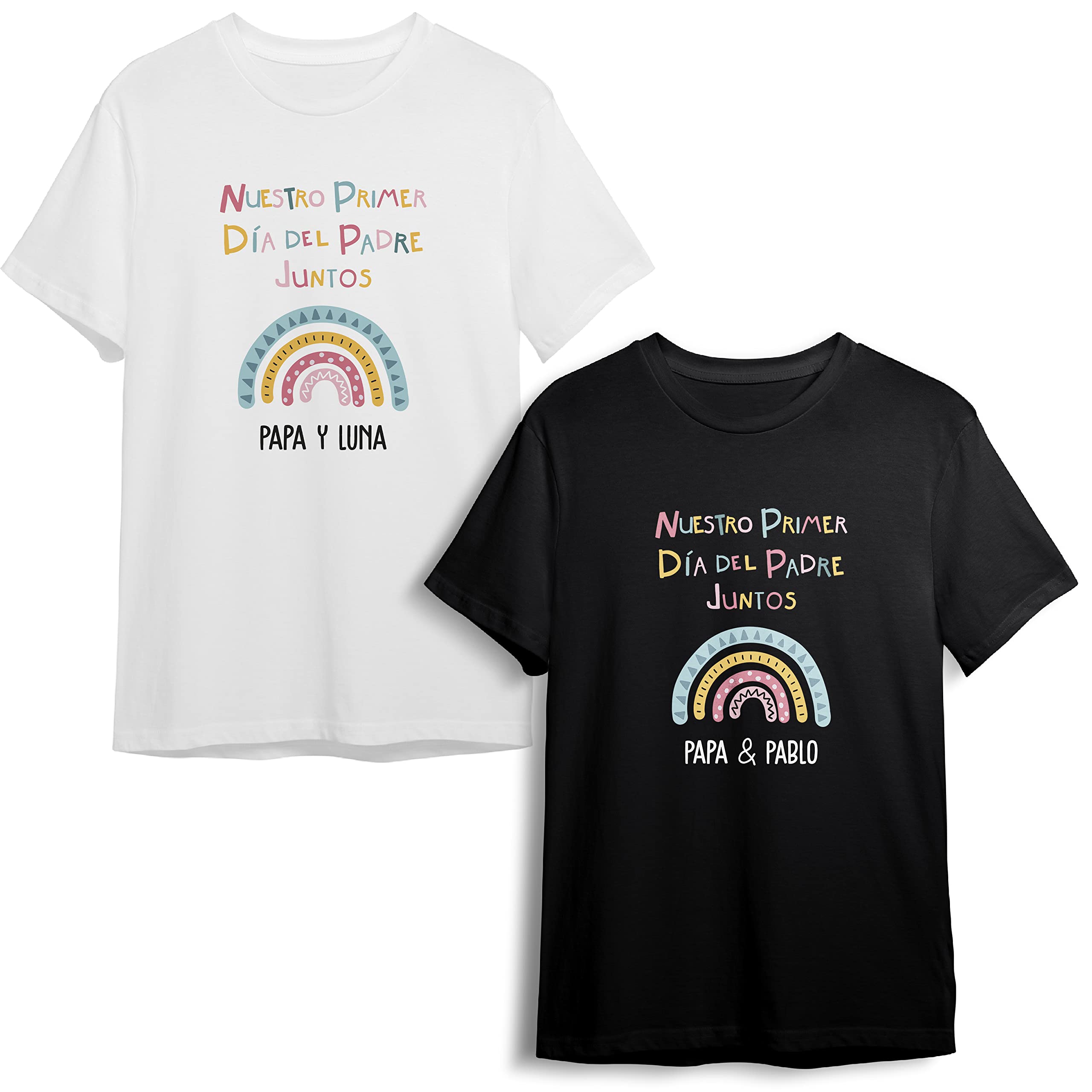 Regalo Día del Padre | Día de la Madre | Camiseta adulto personalizada + Body o camiseta hijo/a | Diseño original divertido | Arcoíris | Papá | Mamá | Infantil | Bebe | Primer día del Padre Juntos