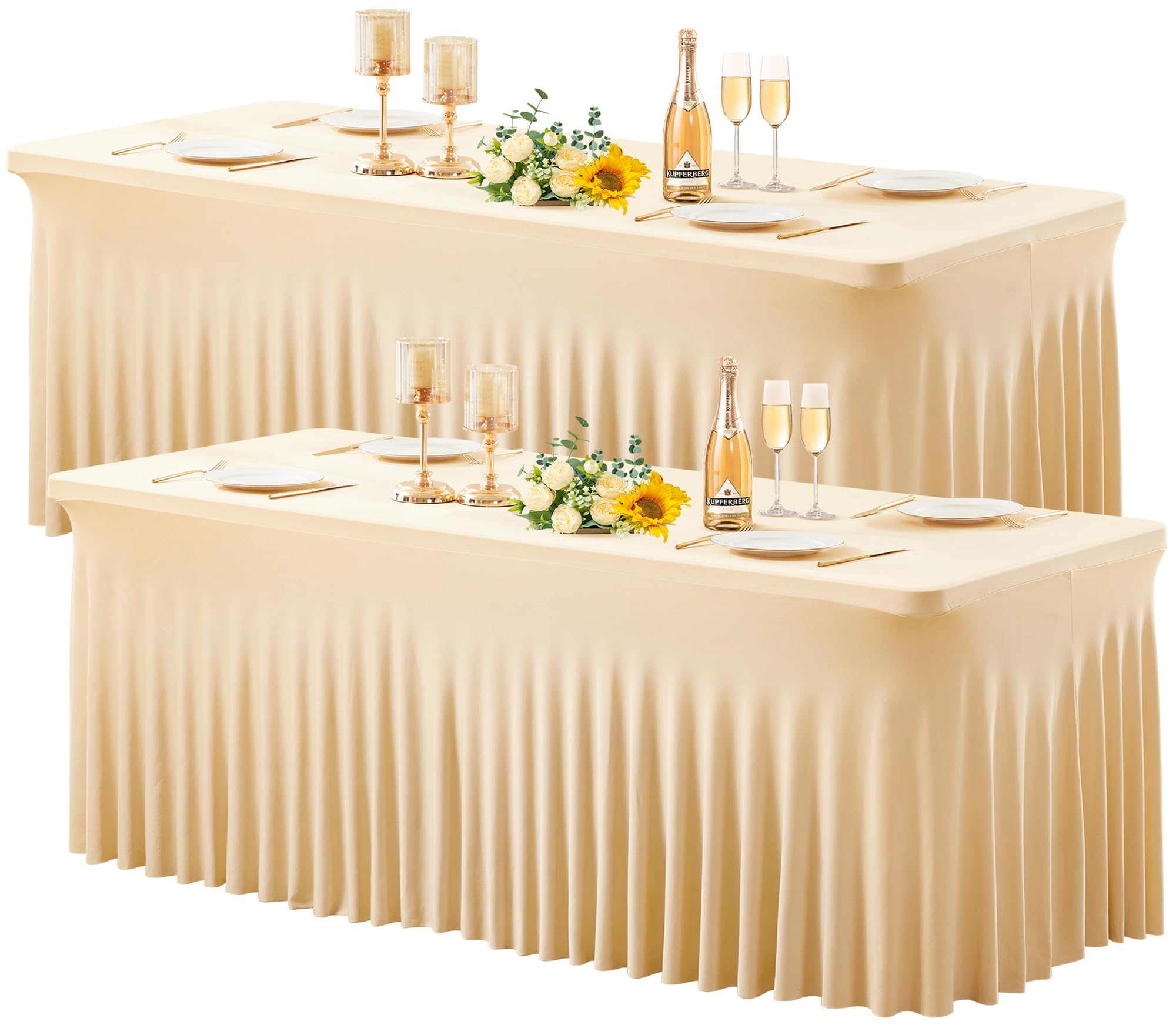 Wish Care 2 Pack Champagne Spandex Table Clothes for 8 Foot Rectangle Tables, 8FT Wrinkle Free Fitted Tablecloths Ruffles Design Table Cover for Party
