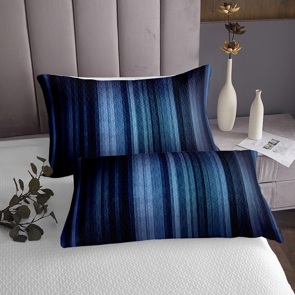 jejeloiu Modern Striped Bedspread Queen Size Geometric Coverlet Set Black Blue Quilted Coverlet for All Season with 2 Pillowcases Gradien Microfiber Lightweight