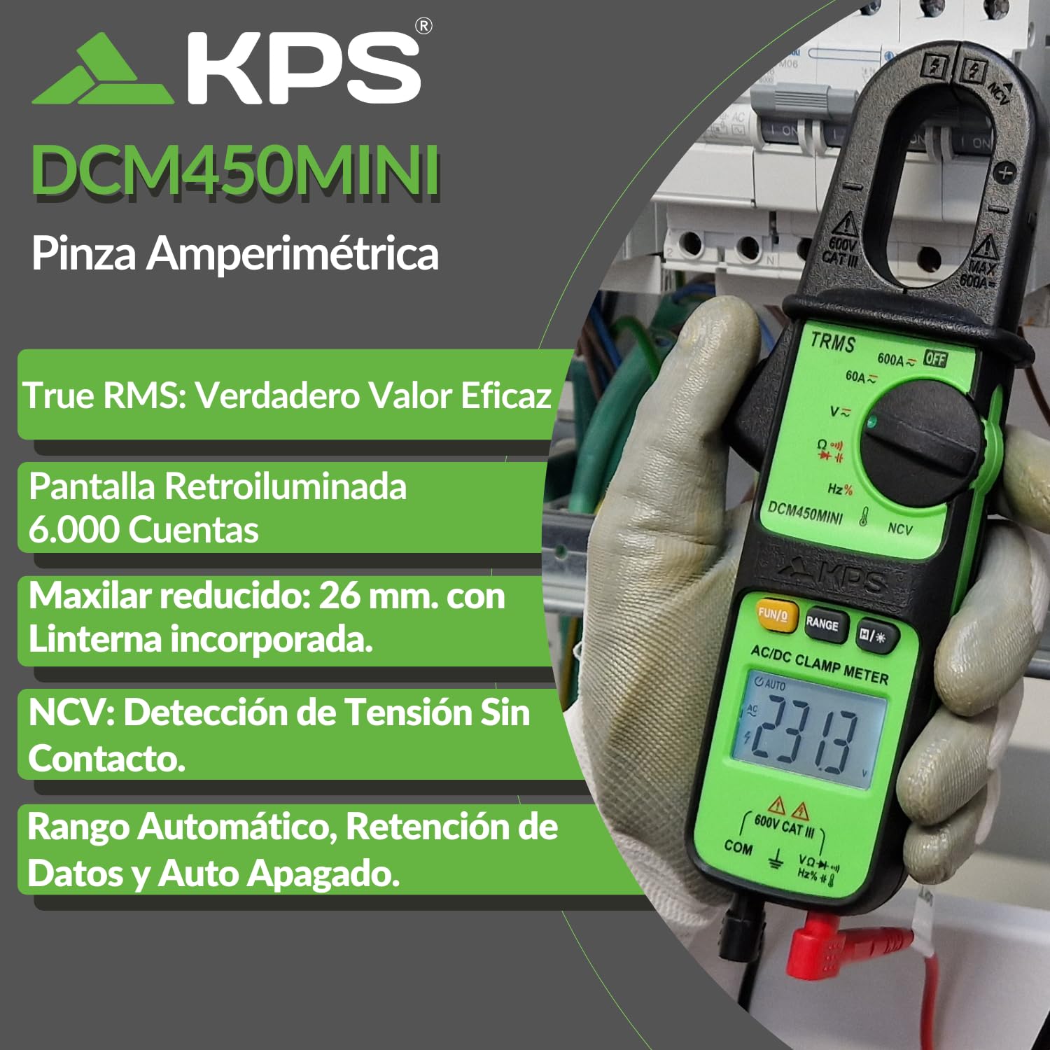 KPS-DCM450MINI Pinza Amperimétrica TRMS 600A AC/DC y 600V con Temperatura, NCV, Resistencia, Capacidad, Frecuencia, Pantalla Retroiluminada y Linterna CAT III 600V