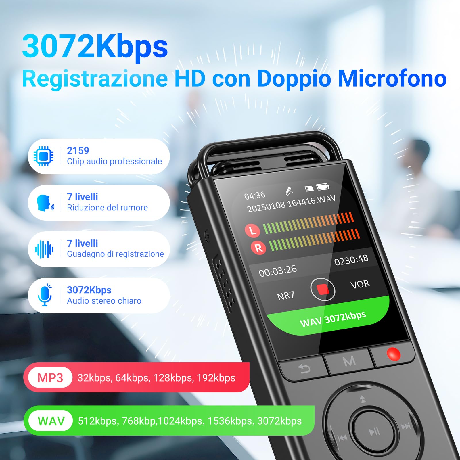 MECHEN 144 GB Registratore Vocale Digitale, Audio HD 3072Kbps | Registratore Vocale Attivato, Tempo di Registrazione 10.000 h, Supporta Microfoni Esterni, Riduzione del Rumore